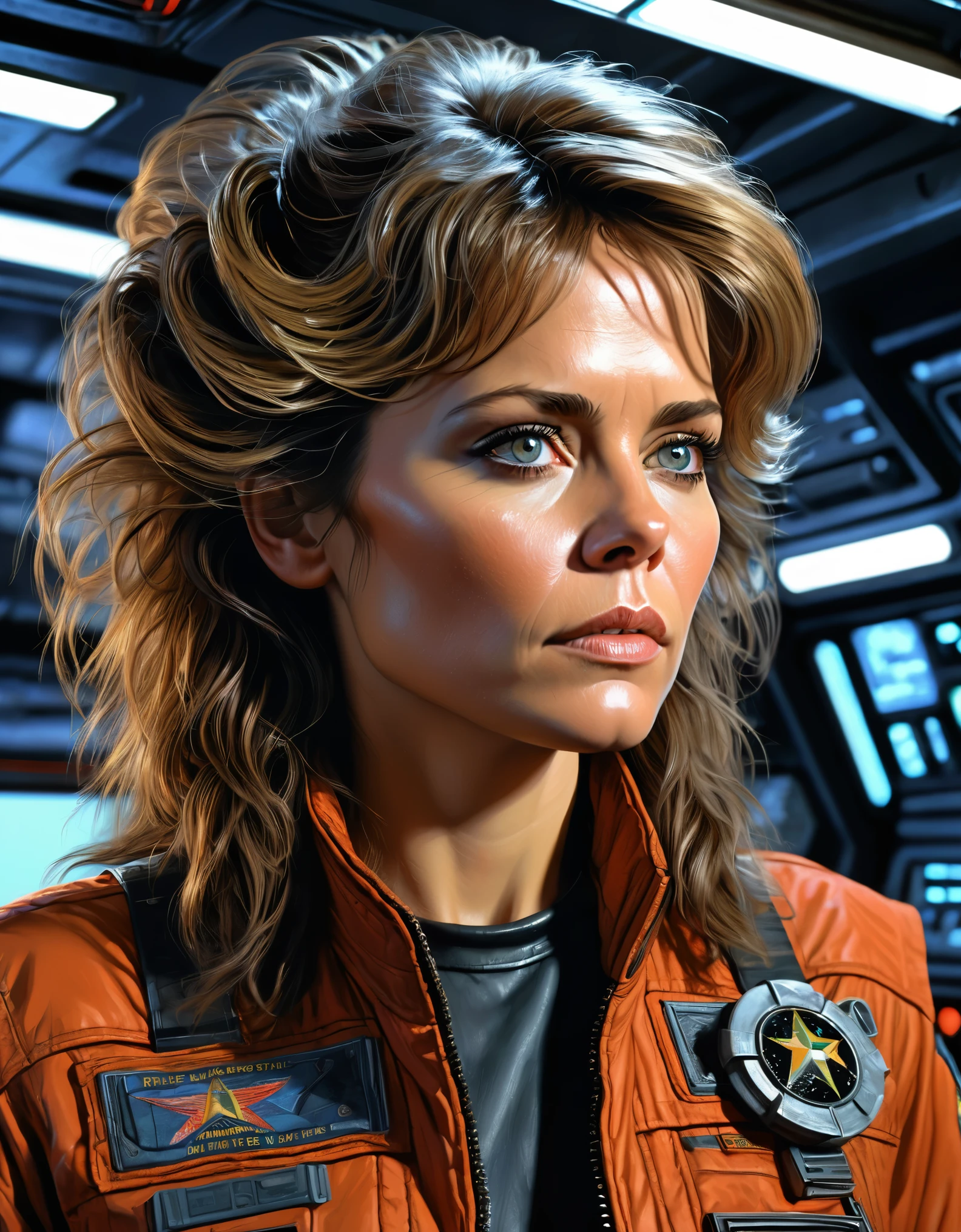 A (waist up:1.2) cinematic photorealistic color digital painting of Ellen Louise Ripley with the (80's heavy metal rock star hair style:1.2) at star ship cargo Nostromo Cimmand Bay, detailed face, insanely detailed and intricate, crisp sharp and clear, volumetric lighting, ultra-high resolution, masterpiece hyper realistic artwork of Don Lawrence, centered, Professional color grading by Kenneth Hines Jr.