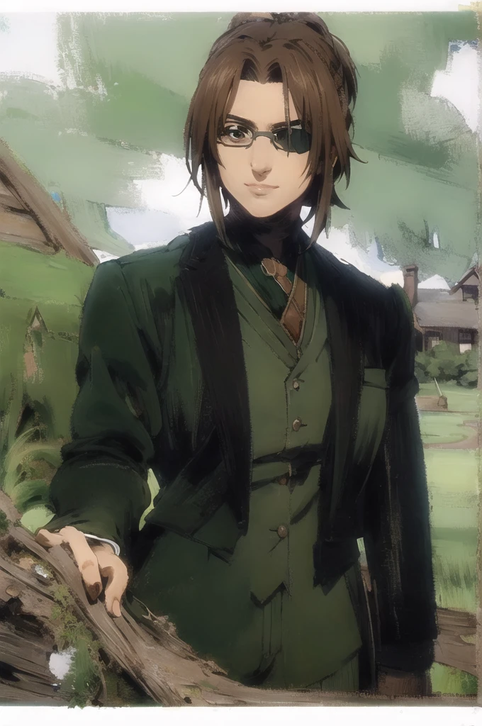 portrait of beautiful HangeAOT, 1girl, solo, brown_hair, glasses, eyepatch, Perfect black silk suit , Masterpiece ,Background of a realistic perfect green field, realistic hands , Detailed realistic painting, hd, Detailed extensive green garden, green detailed suit