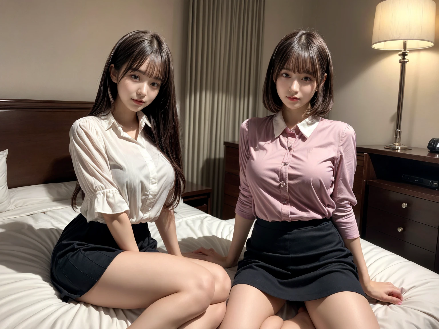 masterpiece, best quality, illustration, Super detailed, fine details, High resolution, 8K,wall paper, perfect dynamic composition,(Details High quality, realistic depiction of eyes:1.3), (2 girls), pink frilled shirt blouse, Black Frilled skirt, sitting, open legs, short bob hair, in a hotel room in the background, deep on field, large breasts, black hair color, Big Natural Color Lip, (perfect body shape), crying a little、Harajuku style、20 year old girl、cute type、beautiful legs, Gravure Idol