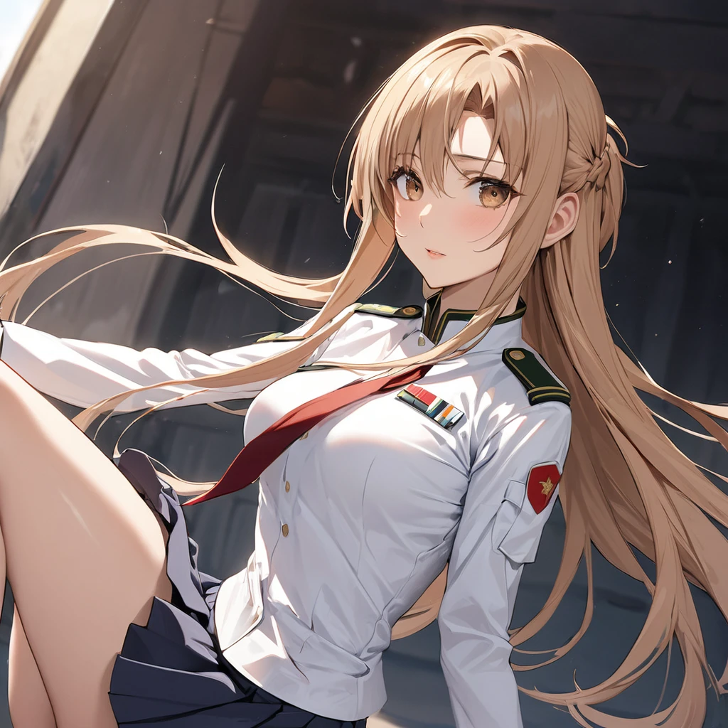 ((Highest quality)), ((masterpiece)), (detailed), (Perfect Face)、The woman is Yuuki Asuna, a female member of the Japanese Self-Defense Forces, with light brown, semi-long hair and wearing a tight skirt.