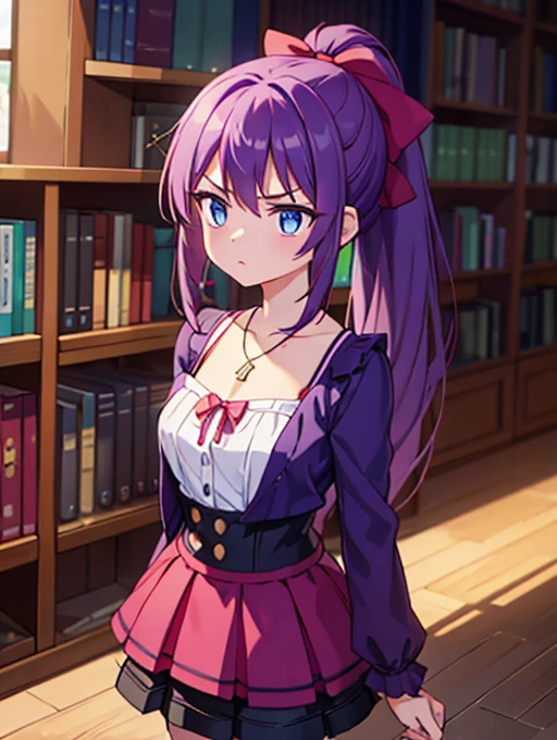 A girl short for her age, long and straight hair, violet hair tied in a high ponytail with a red bow, blue colored eyes. A snobbish and arrogant expression, wearing a short-sleeved blouse paired with shorts. An amethyst necklace. spite, looking like a "board" due to her tiny breasts. She is in a library with her arms crossed over her chest, with apparent anger.