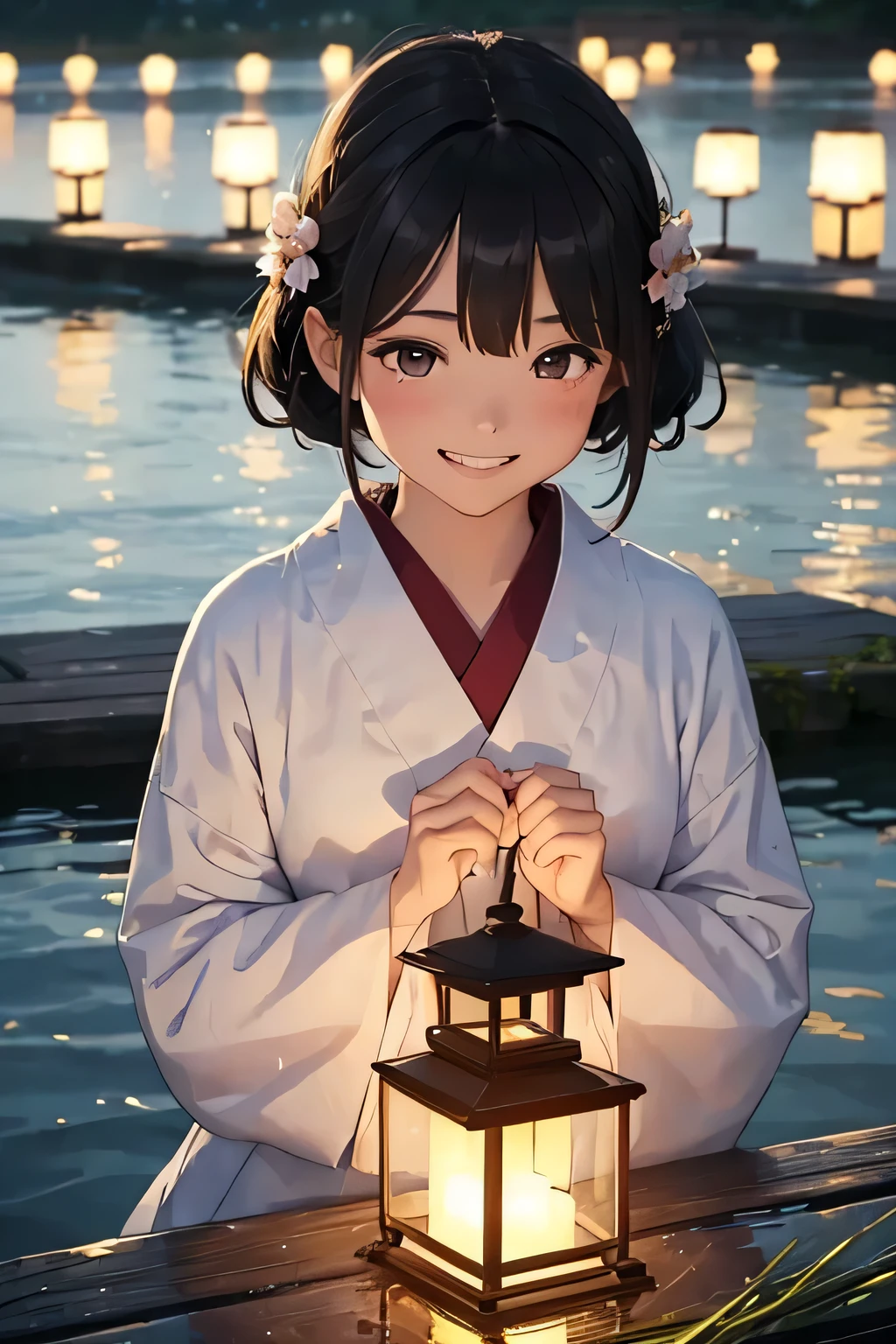 Highest quality、High resolution、Detailed Background、(Beautiful face in every detail:1.4)、Anatomically correct、(Normal number of fingers:1.2)、Highly detailed face、Detailed eyes、Teenage beauty、Perfect body line、Bobcut、ponytail、Twin tails、well-groomed eyebrows、Obon season、A scene unique to Obon、A warm scene、At dusk、(Two girls with big smiles:1.5)、
The lights of the river lanterns sway on the surface of the river.、In the light, a girl in a white yukata is projected.、The girl carefully lights the river lantern.、We are praying with our hands together、
Ancestors with a gentle expression々It conveys the feeling of mourning the、Next, the girl begins to float flowers on the river lantern.、Red or white、Small yellow petals spread across the surface of the river.、The girl puts flowers in her hands and gently floats the river lantern down the river.、I am fascinated by the river lights floating away on the current.、Xu々As night deepens、The surroundings are enveloped in darkness、But the girl seems to be surrounded by the soft light of the river lanterns.、In this quiet moment, a gentle thought dwells in the girl's eyes.、You can feel the overlap of gratitude to one's ancestors and hopes for the future.、There is a custom of sending off the spirits of ancestors by floating lanterns down the river.