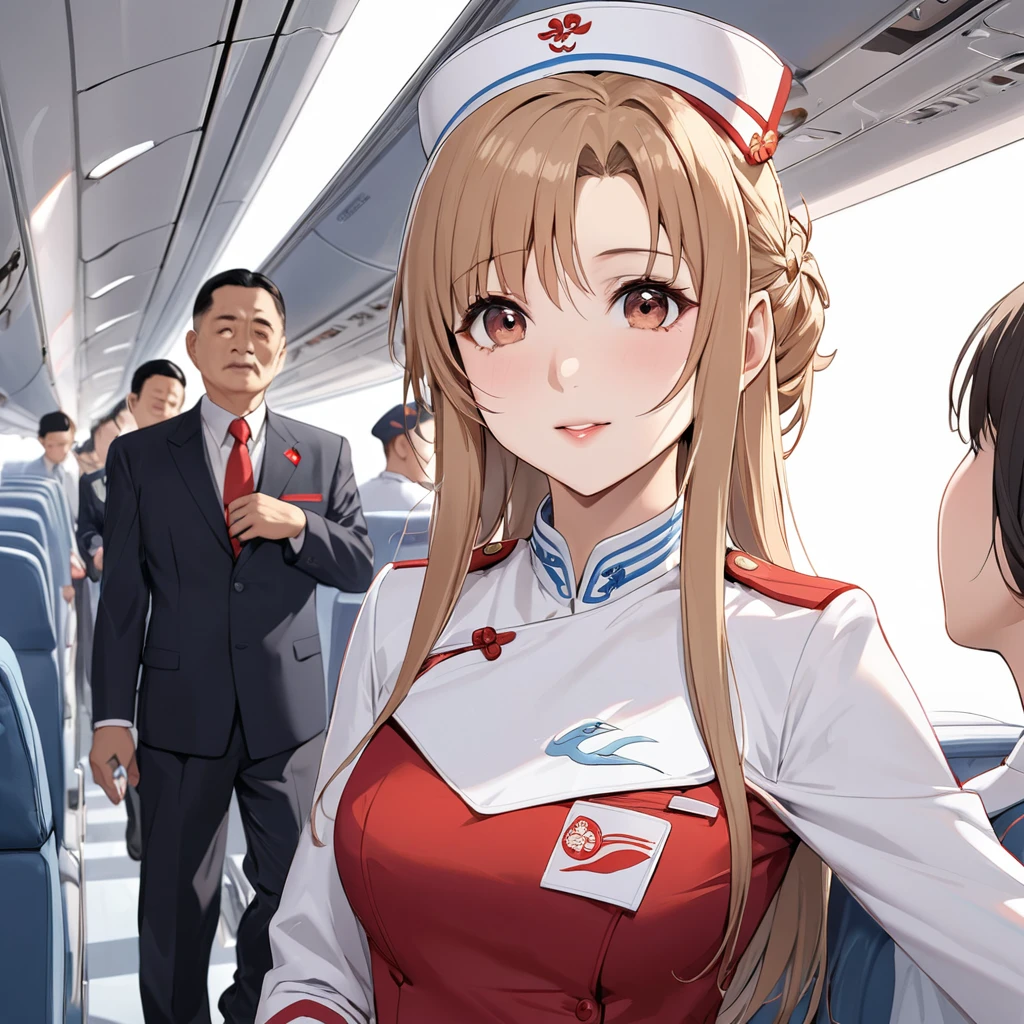 ((Highest quality)), ((masterpiece)), (detailed), (Perfect Face)、The woman is a Chinese flight attendant for Air China, named Yuuki Asuna, with light brown, medium-long hair.、The woman is wearing the red uniform of an Air China flight attendant.、The woman is an honorable special flight attendant reserved for members of the Chinese Communist Party.、The woman is the exclusive host for first-class Chinese Communist Party members.