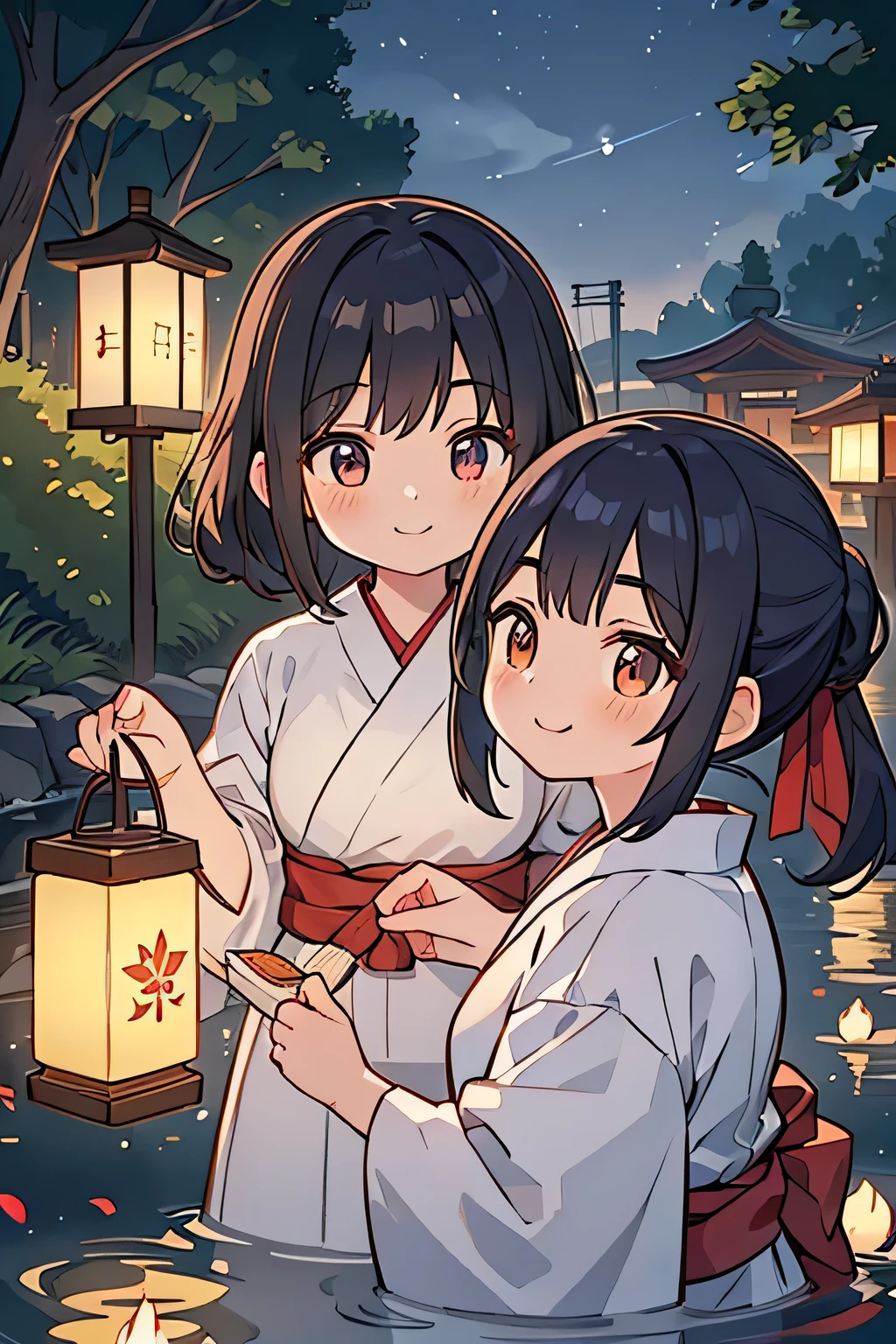 Highest quality、High resolution、Detailed Background、(Beautiful face in every detail:1.4)、Anatomically correct、(Normal number of fingers:1.2)、Highly detailed face、Detailed eyes、Teenage beauty、Perfect body line、Bobcut、ponytail、Twin tails、well-groomed eyebrows、Obon season、A scene unique to Obon、A warm scene、At dusk、(Two girls with big smiles:1.5)、
The lights of the river lanterns sway on the surface of the river.、In the light, a girl in a white yukata is projected.、The girl carefully lights the river lantern.、We are praying with our hands together、
Ancestors with a gentle expression々It conveys the feeling of mourning the、Next, the girl begins to float flowers on the river lantern.、Red or white、Small yellow petals spread across the surface of the river.、The girl puts flowers in her hands and gently floats the river lantern down the river.、I am fascinated by the river lights floating away on the current.、Xu々As night deepens、The surroundings are enveloped in darkness、But the girl seems to be surrounded by the soft light of the river lanterns.、In this quiet moment, a gentle thought dwells in the girl's eyes.、You can feel the overlap of gratitude to one's ancestors and hopes for the future.、There is a custom of sending off the spirits of ancestors by floating lanterns down the river.