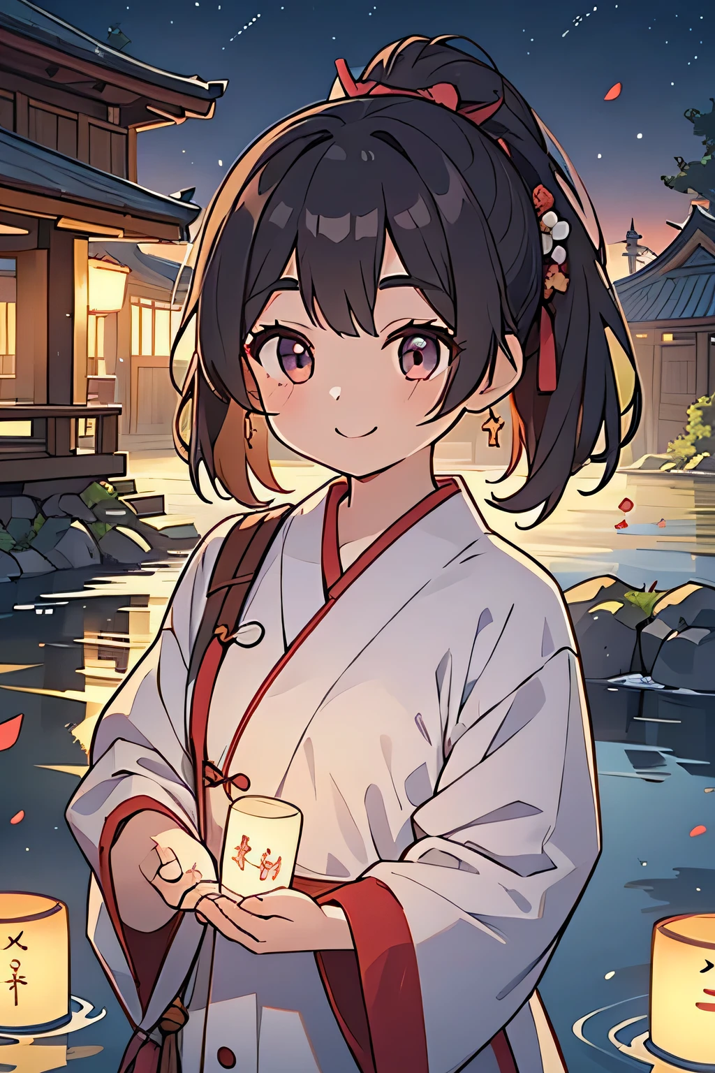 Highest quality、High resolution、Detailed Background、(Beautiful face in every detail:1.4)、Anatomically correct、(Normal number of fingers:1.2)、Highly detailed face、Detailed eyes、age beauty、Perfect body line、Bobcut、ponytail、Twin tails、well-groomed eyebrows、Obon season、A scene unique to Obon、A warm scene、At dusk、(Two girls with big smiles:1.5)、

The lights of the river lanterns sway on the surface of the river.、In the light, a girl in a white yukata is projected.、The girl carefully lights the river lantern.、We are praying with our hands together、
Ancestors with a gentle expression々It conveys the feeling of mourning the、Next, the girl begins to float flowers on the river lantern.、Red or white、Small yellow petals spread across the surface of the river.、The girl puts flowers in her hands and gently floats the river lantern down the river.、I am fascinated by the river lights floating away on the current.、Xu々As night deepens、The surroundings are enveloped in darkness、But the girl seems to be surrounded by the soft light of the river lanterns.、In this quiet moment, a gentle thought dwells in the girl&#39;s eyes.、You can feel the overlap of gratitude to one&#39;s ancestors and hopes for the future.、There is a custom of sending off the spirits of ancestors by floating lanterns down the river.