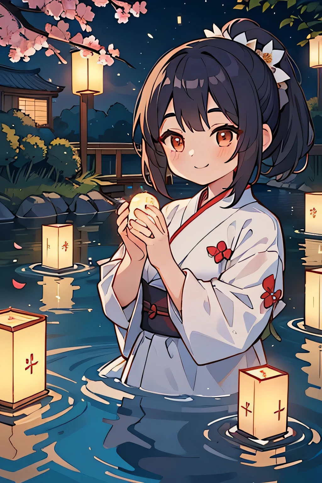 Highest quality、High resolution、Detailed Background、(Beautiful face in every detail:1.4)、Anatomically correct、(Normal number of fingers:1.2)、Highly detailed face、Detailed eyes、Teenage beauty、Perfect body line、Bobcut、ponytail、Twin tails、well-groomed eyebrows、Obon season、A scene unique to Obon、A warm scene、At dusk、(Two girls with big smiles:1.5)、
The lights of the river lanterns sway on the surface of the river.、In the light, a girl in a white yukata is projected.、The girl carefully lights the river lantern.、We are praying with our hands together、
Ancestors with a gentle expression々It conveys the feeling of mourning the、Next, the girl begins to float flowers on the river lantern.、Red or white、Small yellow petals spread across the surface of the river.、The girl puts flowers in her hands and gently floats the river lantern down the river.、I am fascinated by the river lights floating away on the current.、Xu々As night deepens、The surroundings are enveloped in darkness、But the girl seems to be surrounded by the soft light of the river lanterns.、In this quiet moment, a gentle thought dwells in the girl's eyes.、You can feel the overlap of gratitude to one's ancestors and hopes for the future.、There is a custom of sending off the spirits of ancestors by floating lanterns down the river.