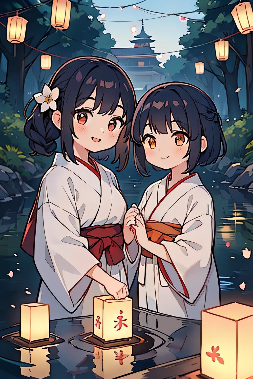 Highest quality、High resolution、Detailed Background、(Beautiful face in every detail:1.4)、Anatomically correct、(Normal number of fingers:1.2)、Highly detailed face、Detailed eyes、age beauty、Perfect body line、Bobcut、ponytail、Twin tails、well-groomed eyebrows、Obon season、A scene unique to Obon、A warm scene、At dusk、(Two girls with big smiles:1.5)、
The lights of the river lanterns sway on the surface of the river.、In the light, a girl in a white yukata is projected.、The girl carefully lights the river lantern.、We are praying with our hands together、
Ancestors with a gentle expression々It conveys the feeling of mourning the、Next, the girl begins to float flowers on the river lantern.、Red or white、Small yellow petals spread across the surface of the river.、The girl puts flowers in her hands and gently floats the river lantern down the river.、I am fascinated by the river lights floating away on the current.、Xu々As night deepens、The surroundings are enveloped in darkness、But the girl seems to be surrounded by the soft light of the river lanterns.、In this quiet moment, a gentle thought dwells in the girl's eyes.、You can feel the overlap of gratitude to one's ancestors and hopes for the future.、There is a custom of sending off the spirits of ancestors by floating lanterns down the river.