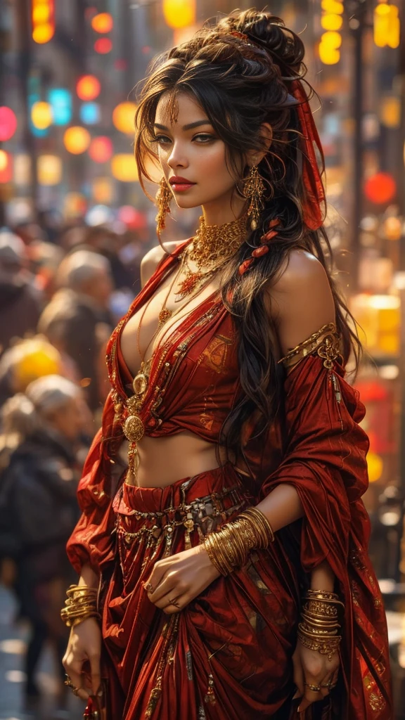 A stunning female character with an Eastern-inspired aesthetic, adorned in a gold necklace with intricate red beads and ornate jewelry, standing in front of a vibrant, glowing background that radiates warmth and beauty.