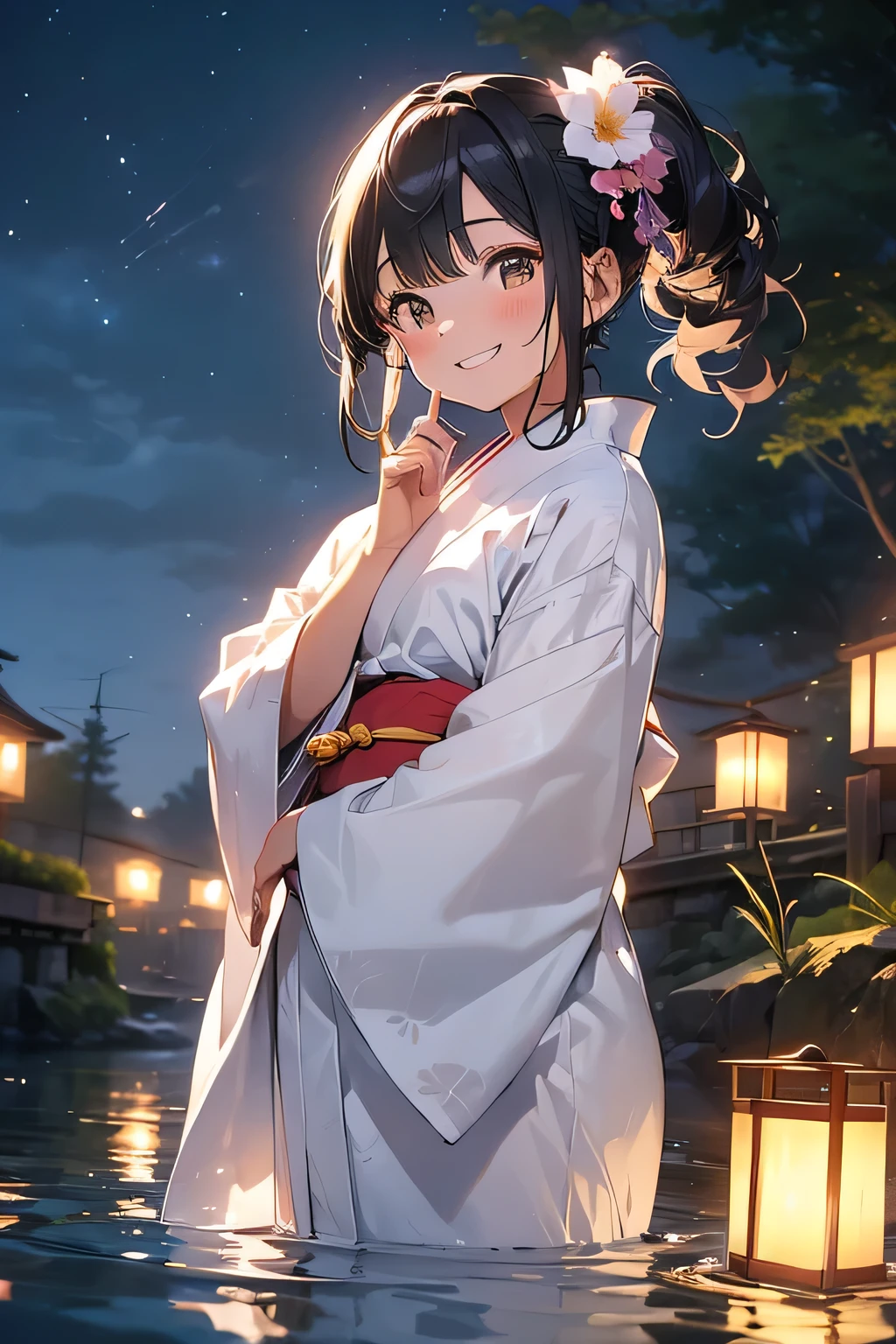 Highest quality、High resolution、Detailed Background、(Beautiful face in every detail:1.4)、Anatomically correct、(Normal number of fingers:1.2)、Highly detailed face、Detailed eyes、Teenage beauty、Perfect body line、Bobcut、ponytail、Twin tails、well-groomed eyebrows、Obon season、A scene unique to Obon、A warm scene、At dusk、(Two girls with big smiles:1.5)、
The lights of the river lanterns sway on the surface of the river.、In the light, a girl in a white yukata is projected.、The girl carefully lights the river lantern.、We are praying with our hands together、
Ancestors with a gentle expression々It conveys the feeling of mourning the、Next, the girl begins to float flowers on the river lantern.、Red or white、Small yellow petals spread across the surface of the river.、The girl puts flowers in her hands and gently floats the river lantern down the river.、I am fascinated by the river lights floating away on the current.、Xu々As night deepens、The surroundings are enveloped in darkness、But the girl seems to be surrounded by the soft light of the river lanterns.、In this quiet moment, a gentle thought dwells in the girl's eyes.、You can feel the overlap of gratitude to one's ancestors and hopes for the future.、There is a custom of sending off the spirits of ancestors by floating lanterns down the river.