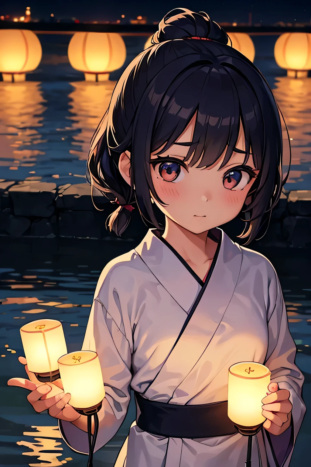 Highest quality、High resolution、Detailed Background、(Beautiful face in every detail:1.4)、Anatomically correct、(Normal number of fingers:1.2)、Highly detailed face、Detailed eyes、Teenage beauty、Perfect body line、Bobcut、ponytail、Twin tails、well-groomed eyebrows、Obon season、A scene unique to Obon、A warm scene、At dusk、A fun atmosphere、(Two Girls:1.2)、

The lights of the river lanterns sway on the surface of the river.、In the light, a girl in a white yukata is projected.、The girl carefully lights the river lantern.、We are praying with our hands together、
Ancestors with a gentle expression々It conveys the feeling of mourning the、Next, the girl begins to float flowers on the river lantern.、Red or white、Small yellow petals spread across the surface of the river.、The girl puts flowers in her hands and gently floats the river lantern down the river.、I am fascinated by the river lights floating away on the current.、Xu々As night deepens、The surroundings are enveloped in darkness、But the girl seems to be surrounded by the soft light of the river lanterns.、In this quiet moment, a gentle thought dwells in the girl&#39;s eyes.、You can feel the overlap of gratitude to one&#39;s ancestors and hopes for the future.、There is a custom of sending off the spirits of ancestors by floating lanterns down the river.