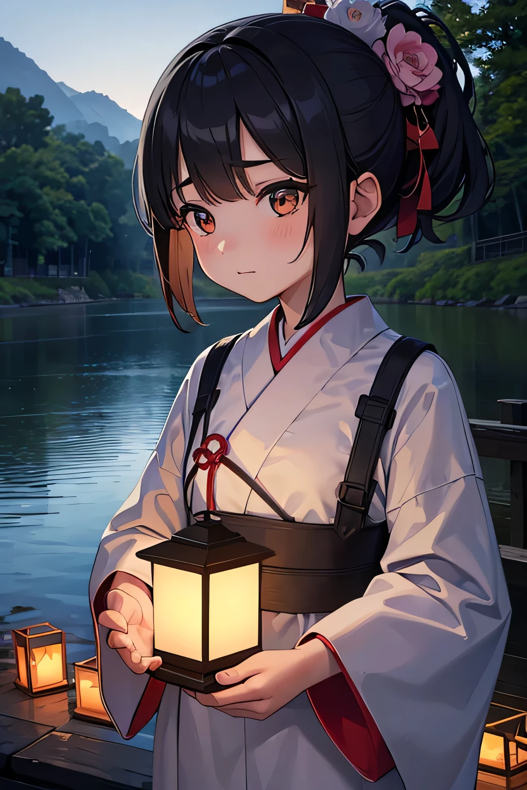 1girle, solo, Very long hair, Black hair, huge breast,(hime cut:1.5), ,skegr,(miko:1.2), White clothes,(red hakama:1.5), furisode, upper body,
expressionless,blushed,looking at another,(breast milk:1.5),
torii, bamboo forest, outdoors, (night:1.5), japanese lantern, paper lantern,