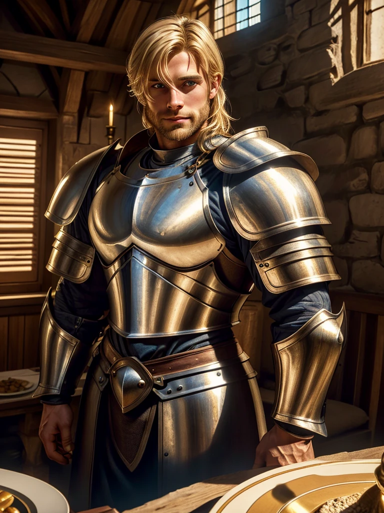 (highly detailed, detailed eyes, soft light, photorealistic, realistic light; cinematic) gorgeous 28-year-old male medieval knight with blond hair wearing full-plate armor looking over his shoulder with longing, looking at camera, expression of vulnerable longing.