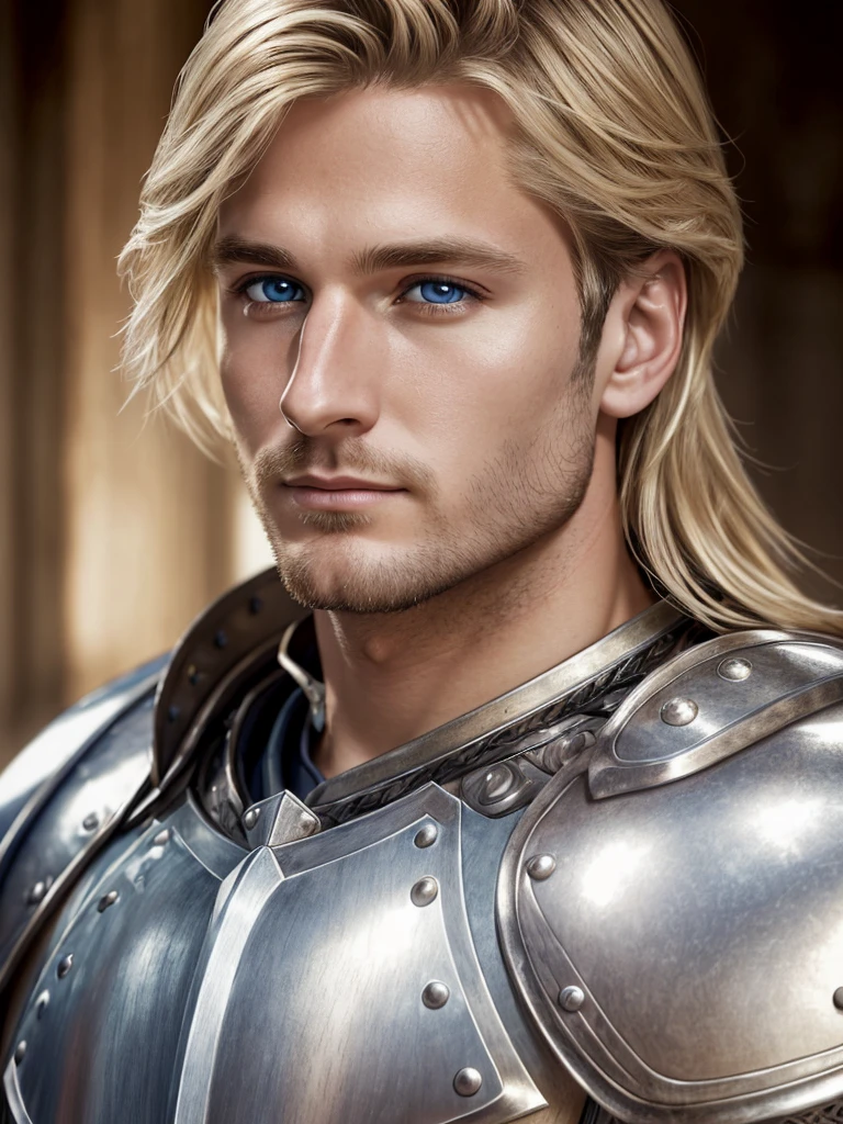 (highly detailed, detailed eyes, soft light, photorealistic, realistic light; cinematic) gorgeous 28-year-old male medieval knight with blond hair wearing full-plate armor looking over his shoulder with longing, looking at camera, expression of vulnerable longing.