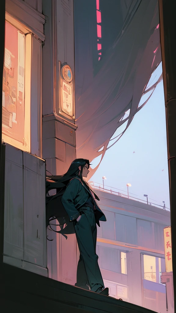 (best quality:1.5)(detail:1.5)(Masterpiece:1.5)
80s anime style: Wide shot of cool 28-year-old Man with long black hair in dimly.Walking around the city, the illuminated scenery at night,