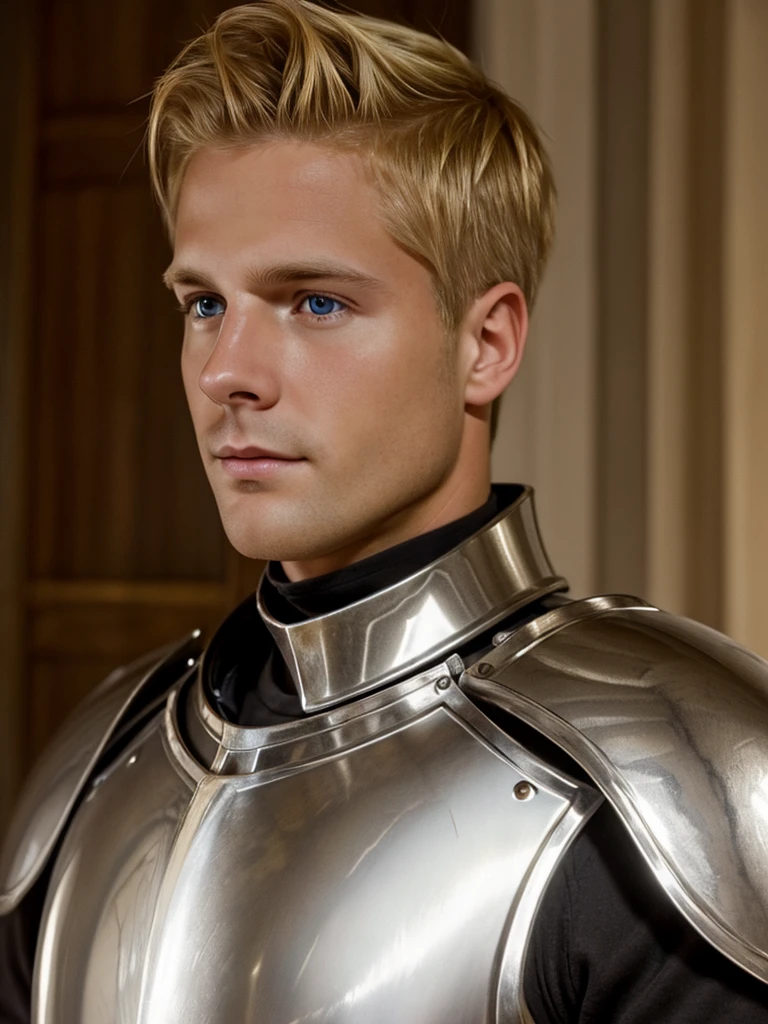 (highly detailed, detailed eyes, soft light, photorealistic, realistic light; cinematic) gorgeous 28-year-old male medieval knight with blond hair wearing full-plate armor looking over his shoulder with longing, looking at camera, expression of vulnerable longing.