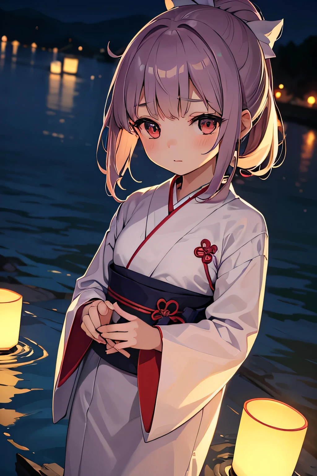 Highest quality、High resolution、Detailed Background、(Beautiful face in every detail:1.4)、Anatomically correct、(Normal number of fingers:1.2)、Highly detailed face、Detailed eyes、Teenage beauty、Perfect body line、Bobcut、ponytail、Twin tails、well-groomed eyebrows、Obon season、A scene unique to Obon、A warm scene、At dusk、
The lights of the river lanterns sway on the surface of the river.、In the light, a girl in a white yukata is projected.、The girl carefully lights the river lantern.、We are praying with our hands together、
Ancestors with a gentle expression々It conveys the feeling of mourning the、Next, the girl begins to float flowers on the river lantern.、Red or white、Small yellow petals spread across the surface of the river.、The girl puts flowers in her hands and gently floats the river lantern down the river.、I am fascinated by the river lights floating away on the current.、Xu々As night deepens、The surroundings are enveloped in darkness、But the girl seems to be surrounded by the soft light of the river lanterns.、In this quiet moment, a gentle thought dwells in the girl's eyes.、You can feel the overlap of gratitude to one's ancestors and hopes for the future.、There is a custom of sending off the spirits of ancestors by floating lanterns down the river.