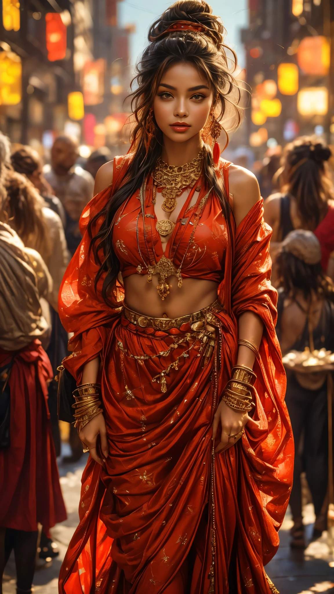 A stunning female character with an Eastern-inspired aesthetic, adorned in a gold necklace with intricate red beads and ornate jewelry, standing in front of a vibrant, glowing background that radiates warmth and beauty.