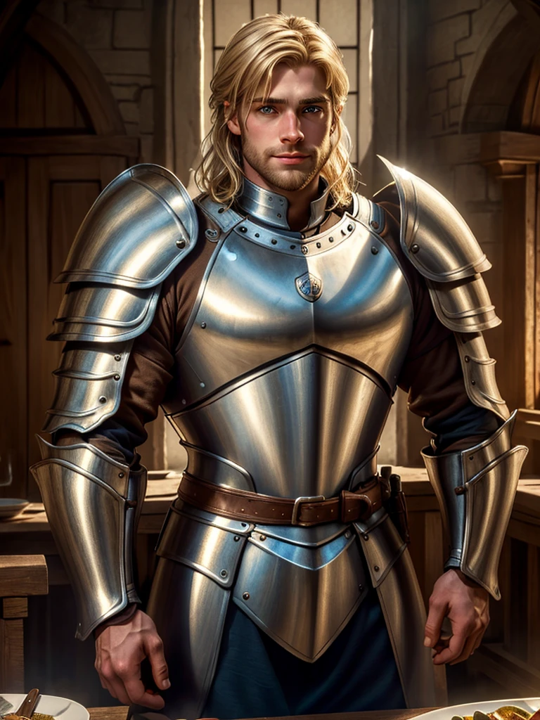 (highly detailed, detailed eyes, soft light, photorealistic, realistic light; cinematic) gorgeous 28-year-old male medieval knight with blond hair wearing full-plate armor looking over his shoulder with longing, looking at camera, expression of vulnerable longing.