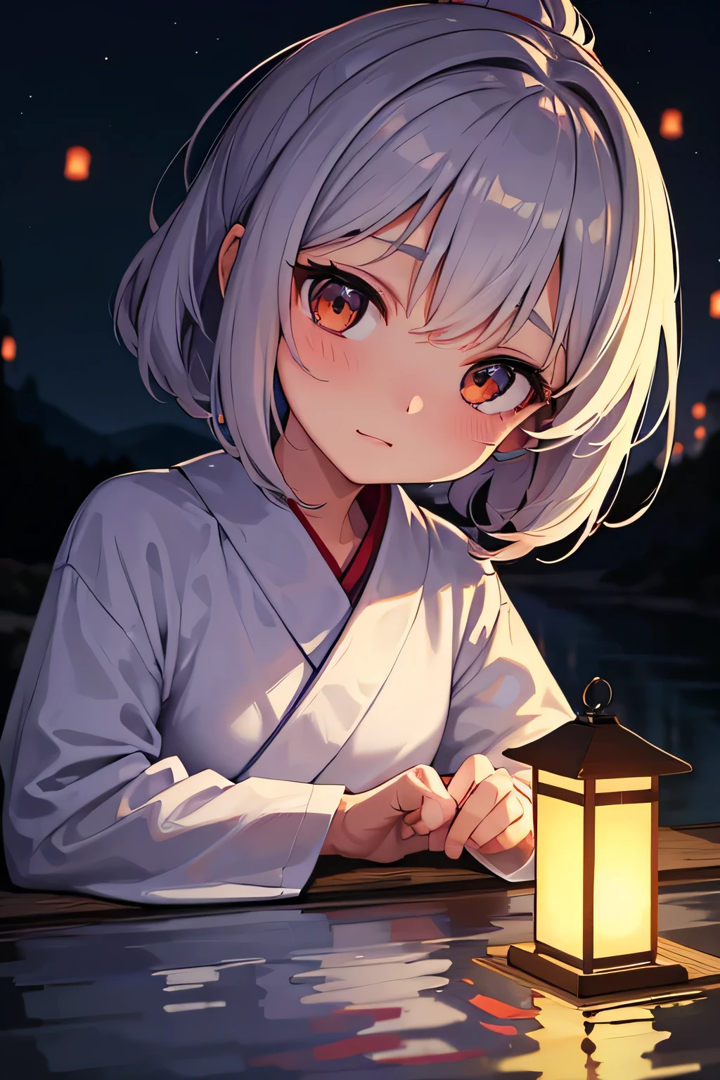 Highest quality、High resolution、Detailed Background、(Beautiful face in every detail:1.4)、Anatomically correct、(Normal number of fingers:1.2)、Highly detailed face、Detailed eyes、Teenage beauty、Perfect body line、Bobcut、ponytail、Twin tails、well-groomed eyebrows、Obon season、A scene unique to Obon、A warm scene、At dusk、

The lights of the river lanterns sway on the surface of the river.、In the light, a girl in a white yukata is projected.、The girl carefully lights the river lantern.、We are praying with our hands together、
Ancestors with a gentle expression々It conveys the feeling of mourning the、Next, the girl begins to float flowers on the river lantern.、Red or white、Small yellow petals spread across the surface of the river.、The girl puts flowers in her hands and gently floats the river lantern down the river.、I am fascinated by the river lights floating away on the current.、Xu々As night deepens、The surroundings are enveloped in darkness、But the girl seems to be surrounded by the soft light of the river lanterns.、In this quiet moment, a gentle thought dwells in the girl&#39;s eyes.、You can feel the overlap of gratitude to one&#39;s ancestors and hopes for the future.、There is a custom of sending off the spirits of ancestors by floating lanterns down the river.