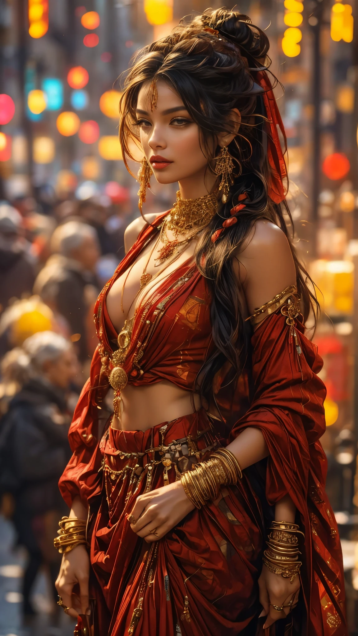A stunning female character with an Eastern-inspired aesthetic, adorned in a gold necklace with intricate red beads and ornate jewelry, standing in front of a vibrant, glowing background that radiates warmth and beauty.