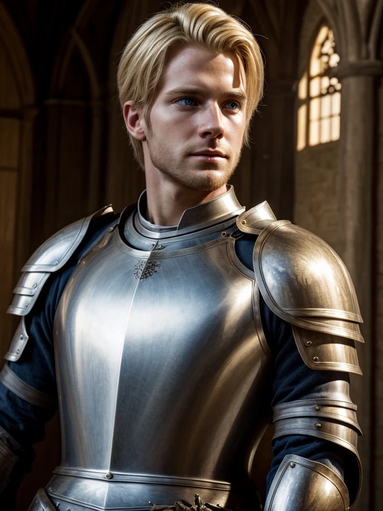 (highly detailed, detailed eyes, soft light, photorealistic, realistic light; cinematic) gorgeous 28-year-old male medieval knight with blond hair wearing full-plate armor looking over his shoulder with longing, looking at camera, expression of vulnerable longing.