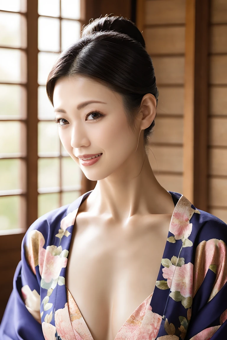 (Highest quality、Tabletop、8k、Best image quality、Award-winning works)、(One beautiful mature woman:1.1)、(Wrinkled aged face:1.2)、Adult face、(Innkeeper:1.1)、(Elegant floral kimono:1.2)、(V-neck collar:1.1)、(Cleavageが露わになる:1.2)、(Kimono that exposes the chest:1.3)、(Cleavage:1.5)、(Open chest:1.3)、(Large Breasts:1.4)、(Large Breastsの谷間を露出する:1.5)、Perfect mature woman portrait photo、Standing Elegantly、(Blurred elegant and exquisite perfect Japanese style room background:1.3)、(The most natural and perfect tidy Japanese style room background:1.2)、Radiant Skin、Perfect beautiful skin、(Accentuate your body lines:1.1)、(The most graceful posture:1.2)、Perfect beautiful glossy lips、(Accurate anatomy:1.1)、(A perfect and elegant outfit:1.1)、(Standing with good posture:1.1)、(Face close-up:1.1)、(Front facing body:1.2)、(Chignon:1.1)