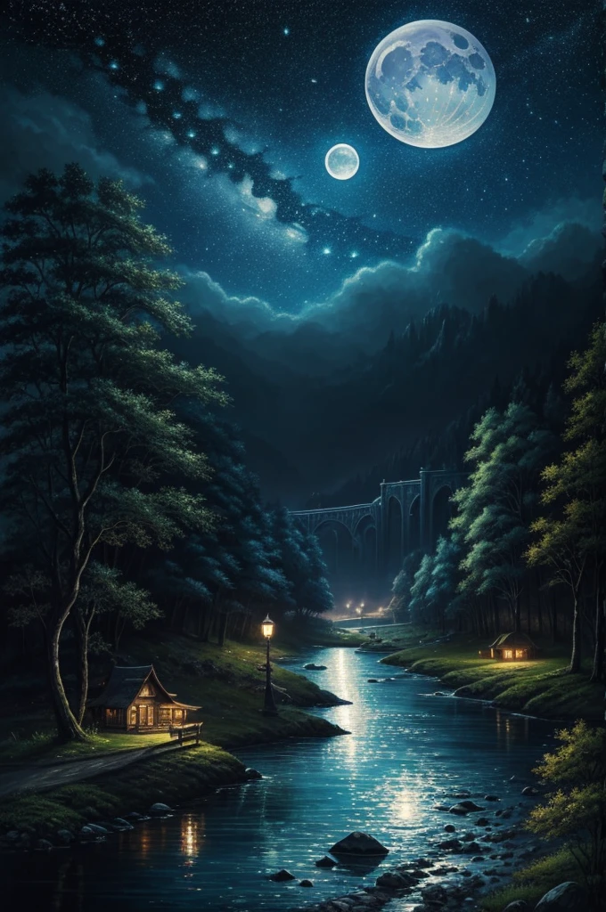 A painting of a river with stars and moon in the sky., conceptual art inspired by Tosa Mitsuoki, pixiv contest winner, Best Quality, Fantasy Art, beautiful anime scene, a bright moon, moonlit starry atmosphere, dream painting, animated background Art, fantasy landscape art, fantasy night, animated background, background illustrations, fantastic art, atmospheric anime, starry sky, Improved detail.