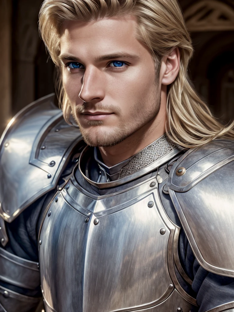 (highly detailed, detailed eyes, soft light, photorealistic, realistic light; cinematic) gorgeous 28-year-old male medieval knight with blond hair wearing full-plate armor looking over his shoulder with longing, looking at camera, expression of vulnerable longing.