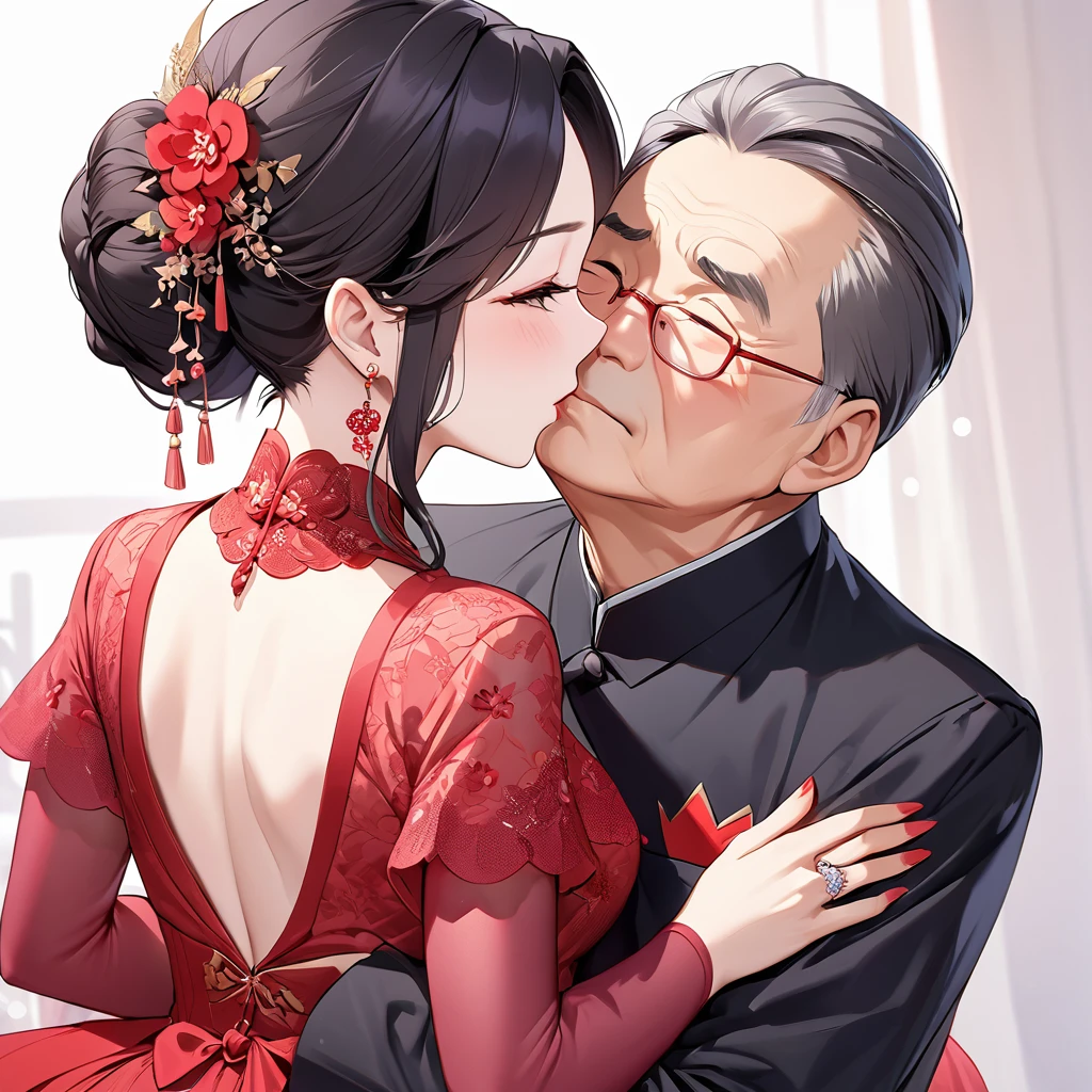 ((Highest quality)), ((masterpiece)), (detailed), (Perfect Face)、The woman is a Chinese woman named Kocho Shinobu.。, Purple gradient bob black hair and formal evening hairstyles. She is wearing an engagement ring. She is a prominent member of the Chinese Communist Party.、She is the wife of a great old Communist Party official.、The woman is wearing a gorgeous red wedding dress that is typical of the Chinese Communist Party.、She is seen in a passionate wedding ceremony with a dignified elderly Communist Party official, embracing him passionately and kissing him in a deep vow.。A loving Chinese Communist couple