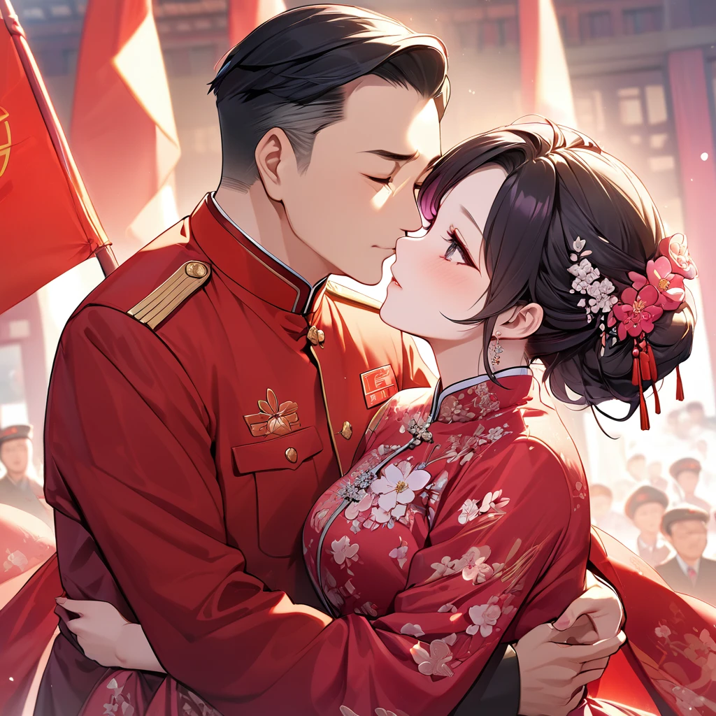 ((Highest quality)), ((masterpiece)), (detailed), （Perfect Face）、The woman is a Chinese woman named Kocho Shinobu.。, Purple gradient bob black hair and formal evening hairstyles. She is wearing an engagement ring. She is a prominent member of the Chinese Communist Party.、She is the wife of a great old Communist Party official.、The woman is wearing a gorgeous red wedding dress that is typical of the Chinese Communist Party.、She is seen in a passionate wedding ceremony with a dignified elderly Communist Party official, embracing him passionately and kissing him in a deep vow.。A loving Chinese Communist couple