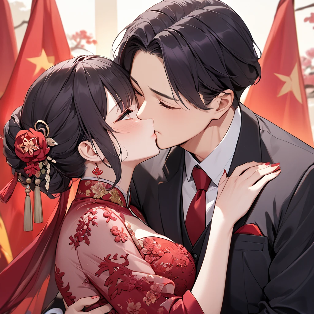 ((Highest quality)), ((masterpiece)), (detailed), (Perfect Face)、The woman is a Chinese woman named Kocho Shinobu.。, Purple gradient bob black hair and formal evening hairstyles. She is wearing an engagement ring. She is a prominent member of the Chinese Communist Party.、She is the wife of a great old Communist Party official.、The woman is wearing a gorgeous red wedding dress that is typical of the Chinese Communist Party.、She is seen in a passionate wedding ceremony with a dignified elderly Communist Party official, embracing him passionately and kissing him in a deep vow.。A loving Chinese Communist couple