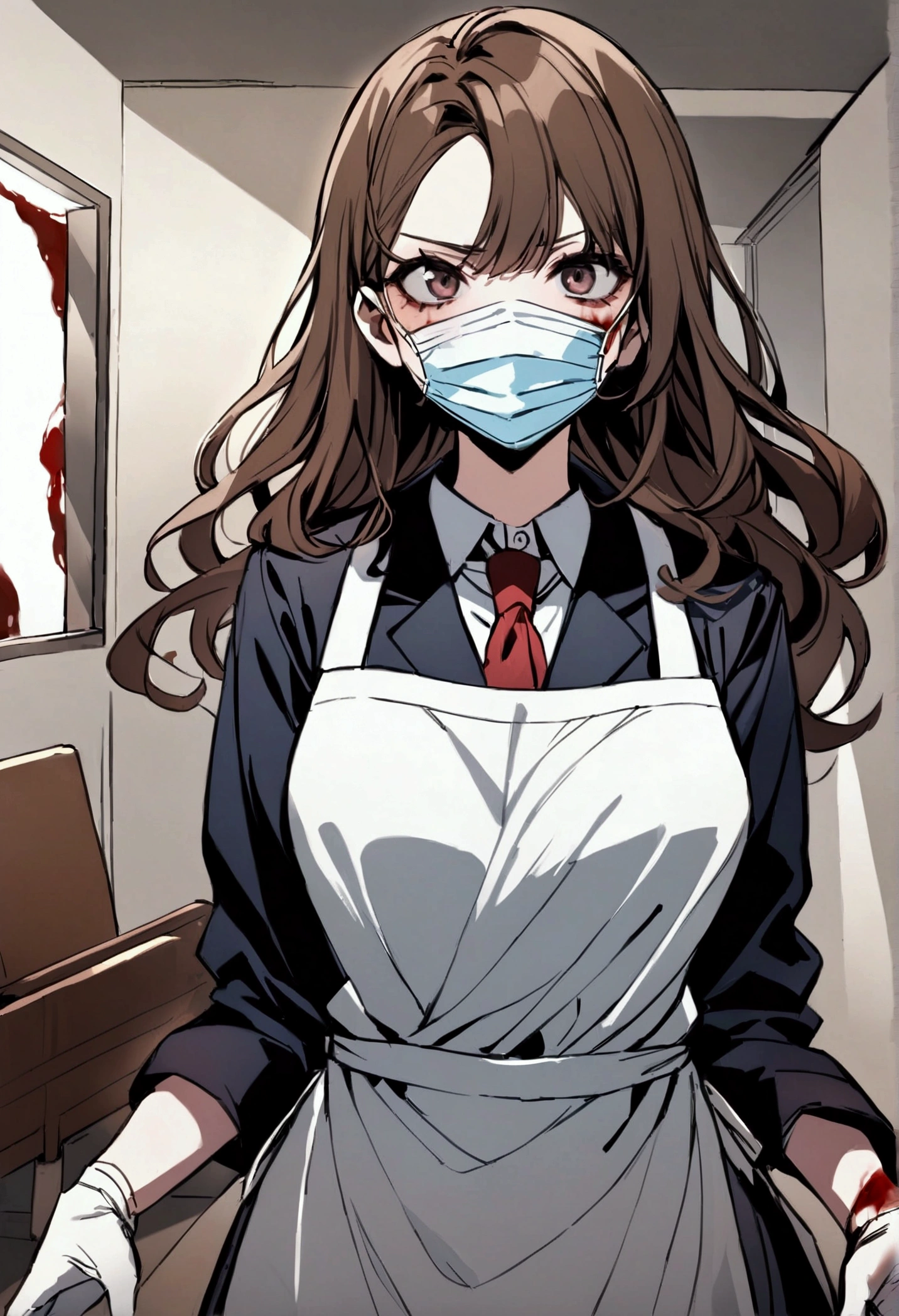 Living room Background, bloody, gore, school blazer, school uniform, surgical apron, medical gloves, surgical mask, 1girl, brown hair, shining hair,