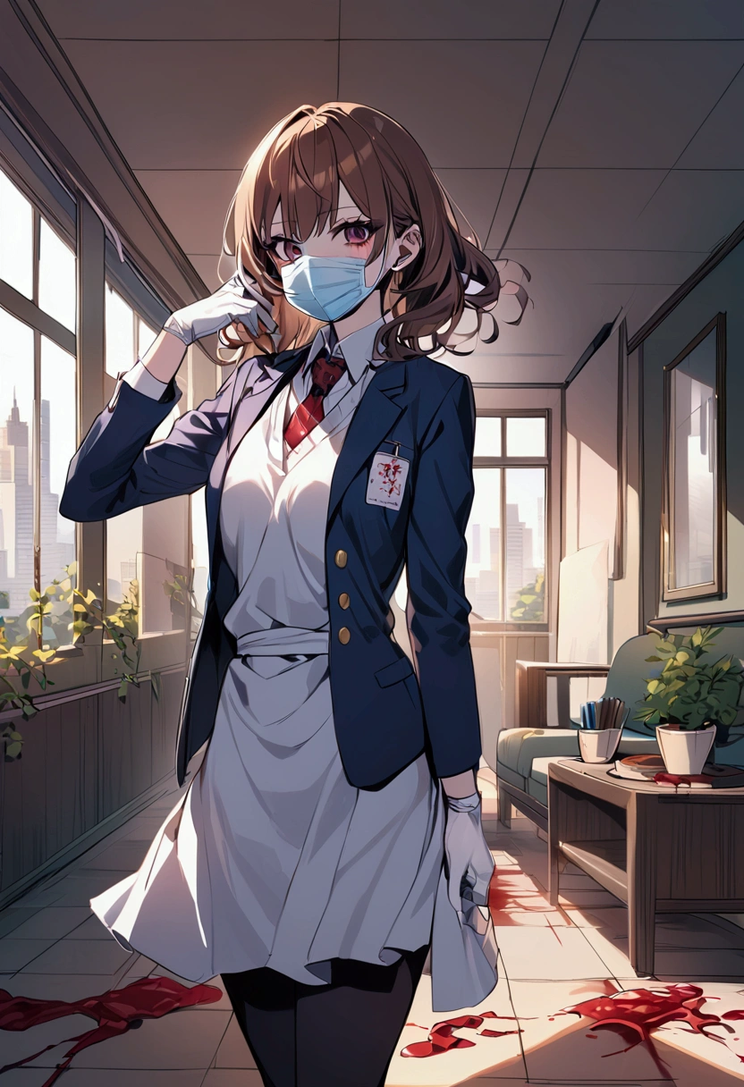 Living room Background, bloody, gore, school blazer, school uniform, surgical apron, medical gloves, surgical mask, 1girl, brown hair, shining hair, 