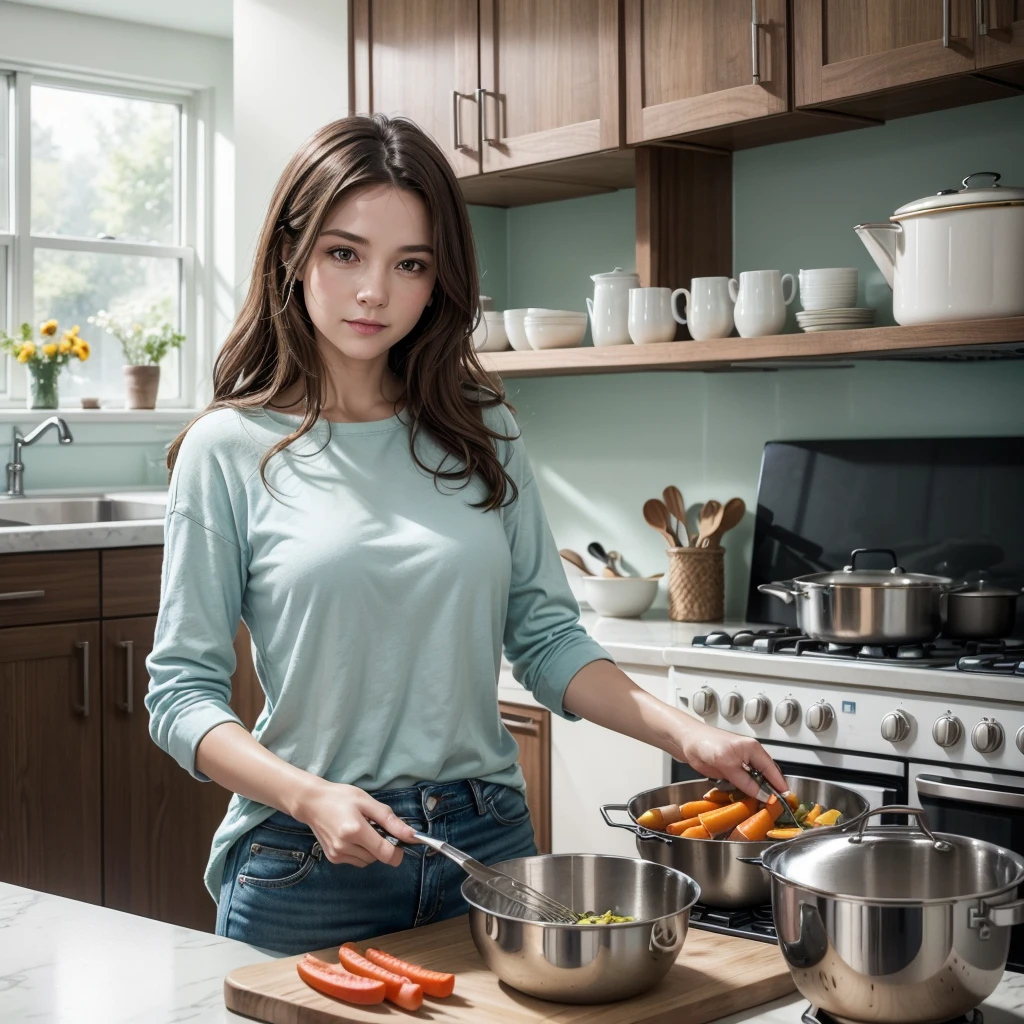 Create a highly detailed and realistic image of a mother aged 45 years old, engaging in cooking activities with a lot of mixers and cookwares in a modern kitchen. She should have medium-length, wavy brown hair and be wearing a casual yet stylish outfit consisting of a fitted, light blue blouse and dark jeans. The woman should appear focused and content as she uses various kitchen utensils. The kitchen should be bright and spacious with a contemporary design, featuring stainless steel appliances, white marble countertops, and light wooden cabinets. On the counter in front of her, there should be a cutting board with freshly chopped vegetables, including vibrant red bell peppers, green cucumbers, and yellow carrots. Next to her, place a stainless steel pot on the stove, with steam gently rising from it, indicating that something is being cooked. In the background, include elements like a sleek refrigerator, a sink with a faucet, and some neatly arranged kitchen tools like spatulas, whisks, and ladles hanging on a wall rack. Add a few decorative touches, such as a bowl of fresh fruits, a vase with flowers, and a cookbook open on a stand, giving the kitchen a lived-in and inviting feel. The overall atmosphere should be warm, welcoming, and well-organized, showcasing the woman's proficiency and enjoyment in cooking. Use red and white as predominant collors.