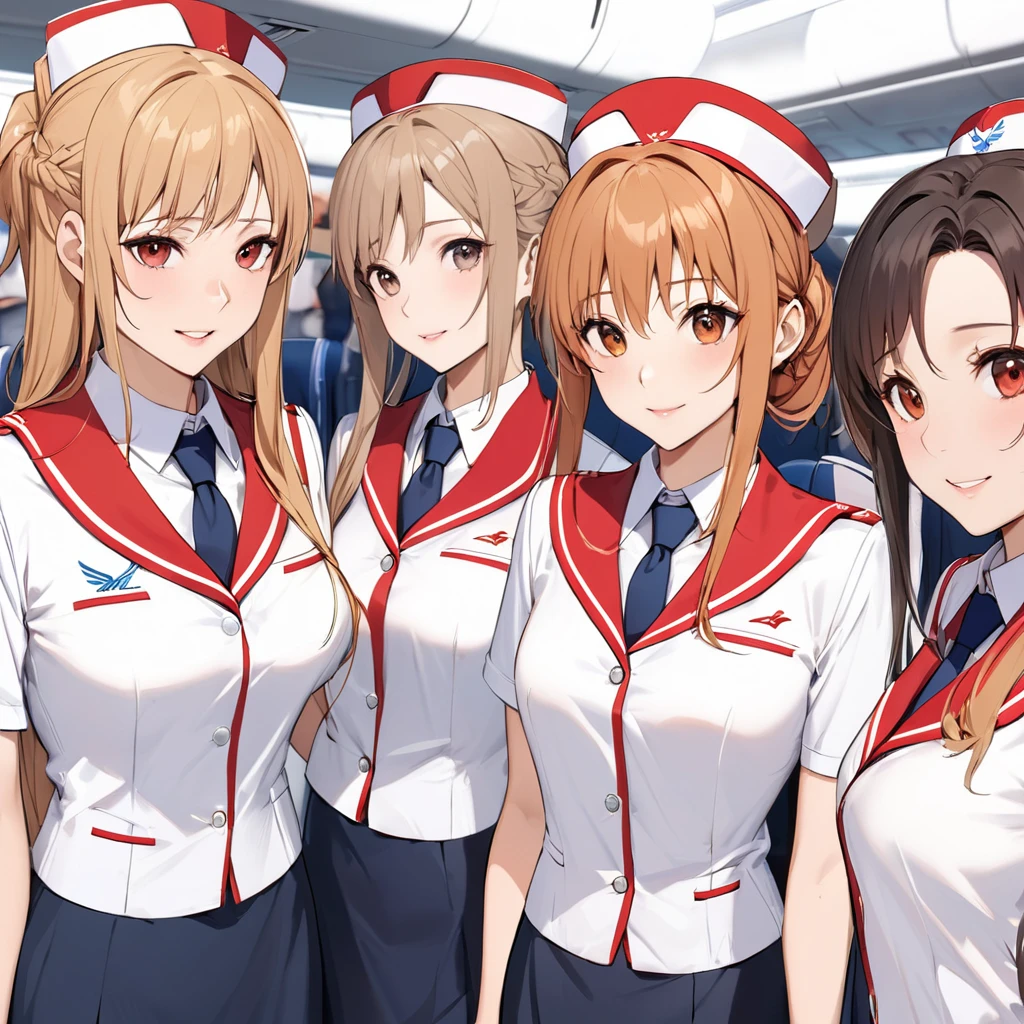 ((Highest quality)), ((masterpiece)), (detailed), (Perfect Face)、The woman is Yuuki Asuna, a flight attendant for Shandong Airlines, a Chinese woman with light brown, medium-long hair.、The woman is wearing a red Shandong Airlines flight attendant uniform, a uniform scarf and a uniform hat.、She is wearing the bright red uniform that is so typical of China.、Flight attendants were photographed gathering in a line.