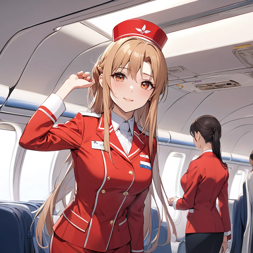 ((Highest quality)), ((masterpiece)), (detailed), (Perfect Face)、The woman is Yuuki Asuna, a flight attendant for Shandong Airlines, a Chinese woman with light brown, medium-long hair.、The woman is wearing a red Shandong Airlines flight attendant uniform, a uniform scarf and a uniform hat.、She is wearing the bright red uniform that is so typical of China.、Flight attendants were photographed gathering in a line.