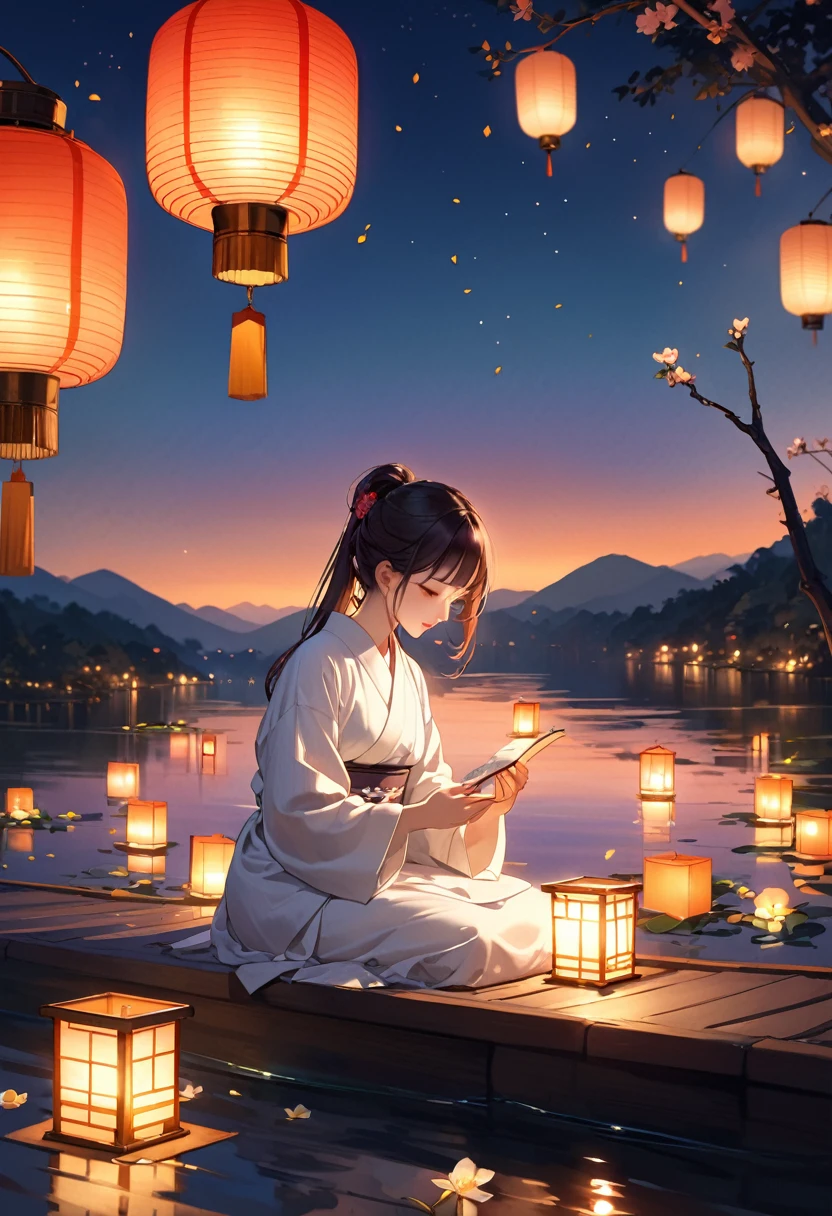 Highest quality、High resolution、Detailed Background、Beautiful face in every detail、Normal number of fingers、Highly detailed face、age beauty、Perfect body line、Bobcut、ponytail、Twin tails、Obon season、A scene unique to Obon、A warm scene、At dusk、
The lights of the river lanterns sway on the surface of the river.、In the light, a girl in a white yukata is projected.、The girl carefully lights the river lantern.、We are praying with our hands together、
Ancestors with a gentle expression々It conveys the feeling of mourning the、Next, the girl begins to float flowers on the river lantern.、Red or white、Small yellow petals spread across the surface of the river.、The girl puts flowers in her hands and gently floats the river lantern down the river.、I am fascinated by the river lights floating away on the current.、Xu々As night deepens、The surroundings are enveloped in darkness、But the girl seems to be surrounded by the soft light of the river lanterns.、In this quiet moment, a gentle thought dwells in the girl's eyes.、You can feel the overlap of gratitude to one's ancestors and hopes for the future.、There is a custom of sending off the spirits of ancestors by floating lanterns down the river.