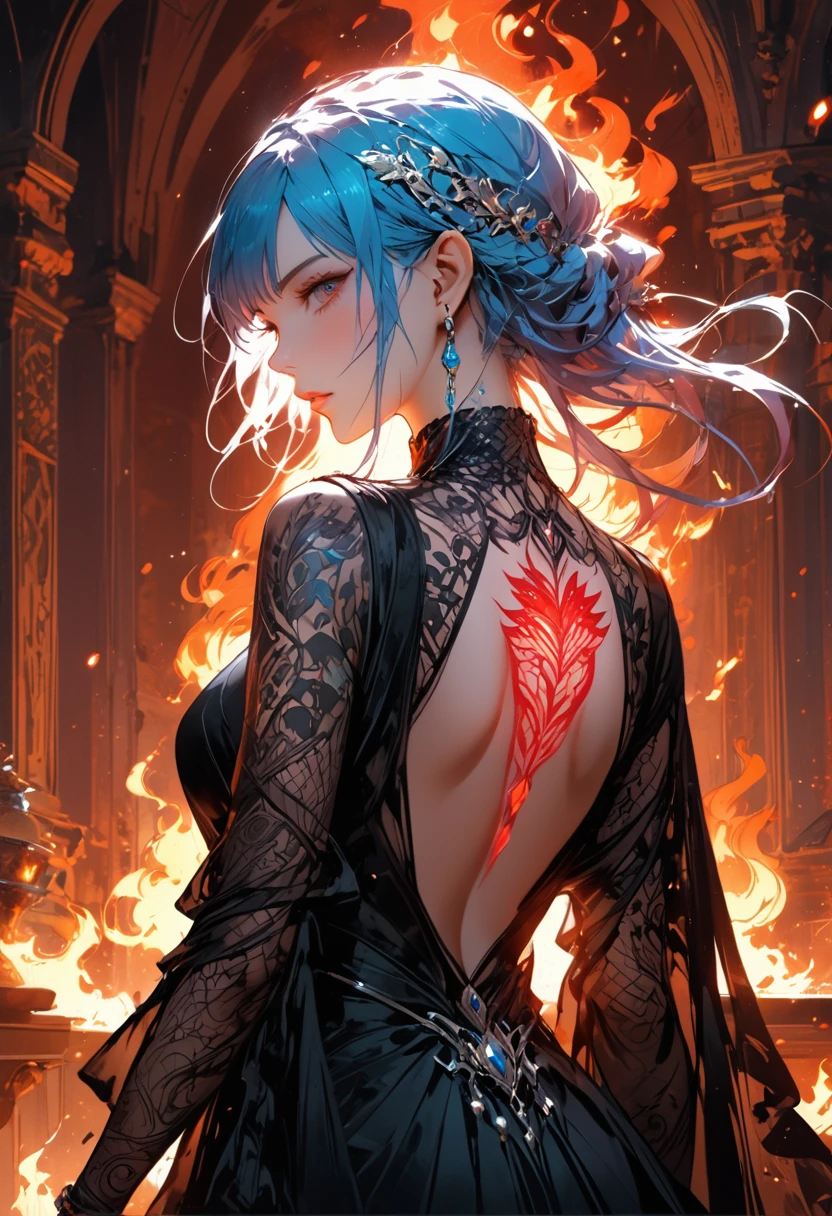 Arafed, Dark fantasy art, fantasy art, goth art, a picture of a tattoo on the back of a female elf, a glowing tattoo of a ((strawberry: 1.3)) on the elf's back, the ((strawberry tattoo)) is vivid, intricate detailed  GlowingRunesAI_red, ((fire surrounds the strawberry: 1.5)), shoot taken from the back, ((the back is visible: 1.3), she wears a transparent black dress, the dress is elegant, flowing, elven style, that the tattoos glow, dynamic hair color, dynamic hair style,  vibrant, Ultra-high resolution, High Contrast, (masterpiece:1.5), highest quality, Best aesthetics), best details, best quality, highres, 16k, (ultra detailed: 1.5), masterpiece, best quality, (extremely detailed) RAW, (ultra details, Masterpiece, best quality) faize, Digital Painting, 