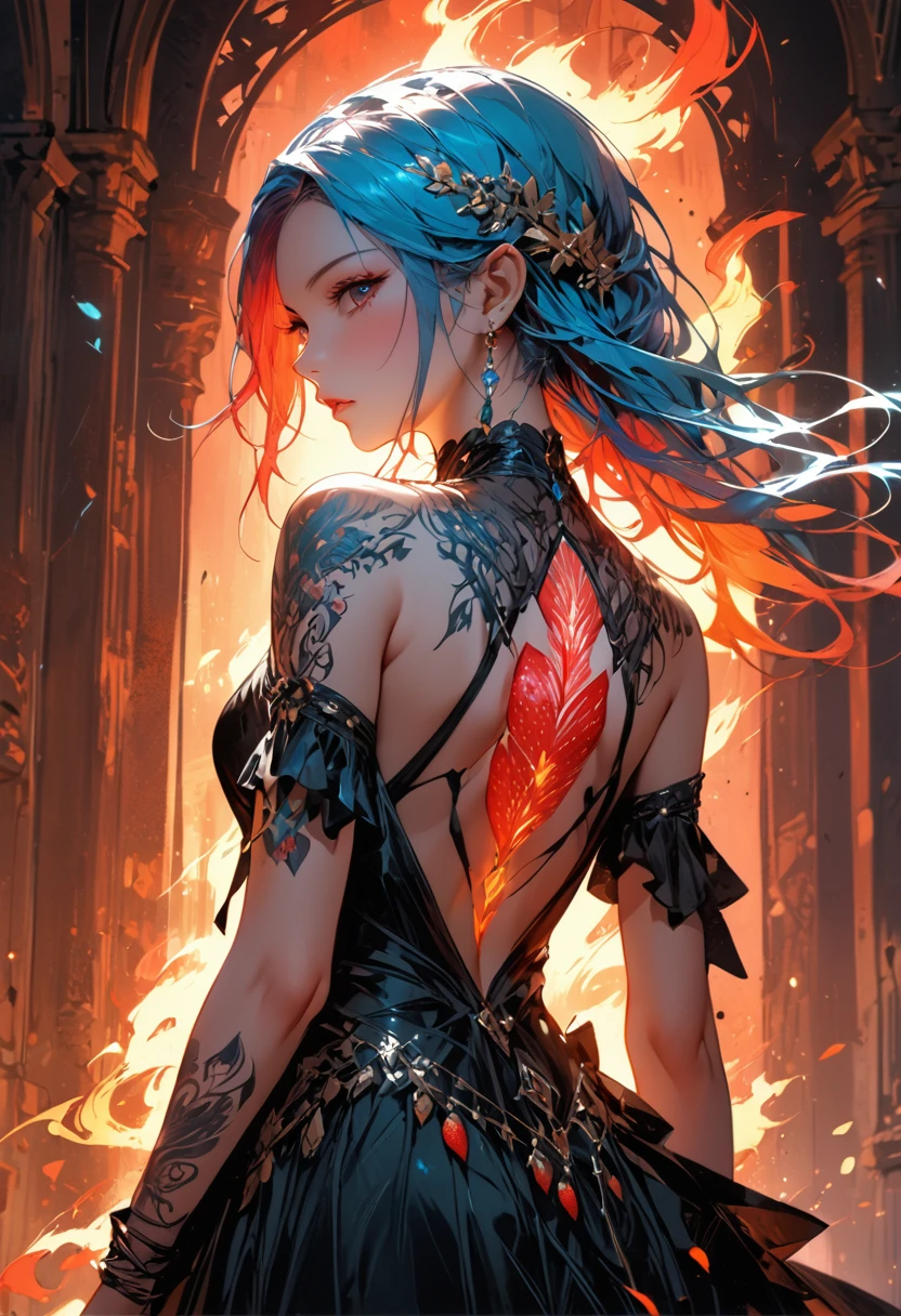 Arafed, Dark fantasy art, fantasy art, goth art, a picture of a tattoo on the back of a female elf, a glowing tattoo of a ((strawberry: 1.3)) on the elf's back, the ((strawberry tattoo)) is vivid, intricate detailed GlowingRunesAI_red, ((fire surrounds the strawberry: 1.5)), shoot taken from the back, ((the back is visible: 1.3), she wears a transparent black dress, the dress is elegant, flowing, elven style, that the tattoos glow, dynamic hair color, dynamic hair style, vibrant, Ultra-high resolution, High Contrast, (masterpiece:1.5), highest quality, Best aesthetics), best details, best quality, highres, 16k, (ultra detailed: 1.5), masterpiece, best quality, (extremely detailed) RAW, (ultra details, Masterpiece, best quality) faize, Digital Painting,
