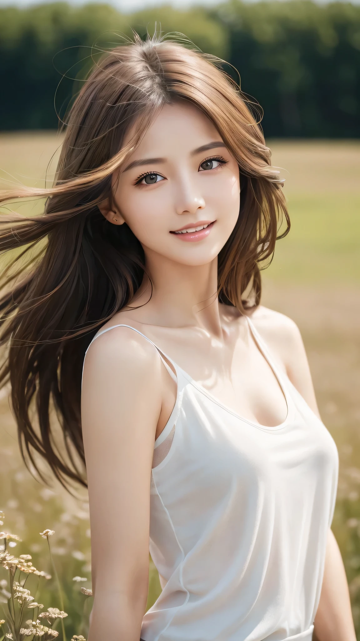 highest quality、genuine、Super detailed、finely、High resolution、8k wallpaper、one beautiful woman、、、light brown disheveled hair、wearing a white tank top、sharp focus、perfect dynamic composition、beautiful and detailed eyes、thin hair、Detailed genuine skin texture、smile、model body shape、In a windswept meadow