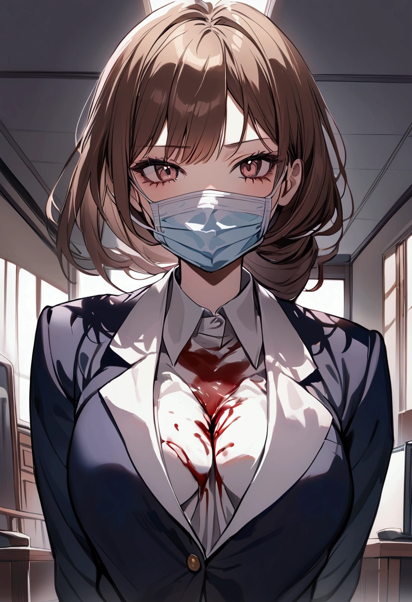 Living room Background, bloody, gore, school blazer, school uniform, surgical apron, medical gloves, surgical mask, 1girl, brown hair, shining hair,