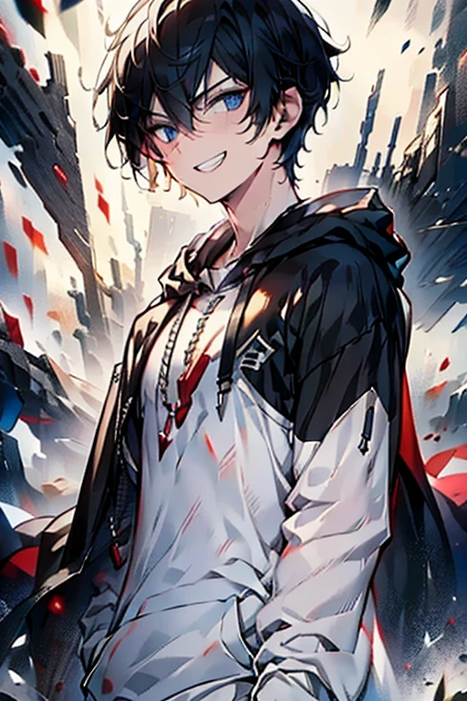 A young man，White sweatshirt，Epic War Background，Anime boy with black hair and big eyes staring at the camera[[[[Smiling]]]], smile and sparkling eyes, Big eyes and a menacing smile, Shiny black head, Black eyes glow, expression, Laughing