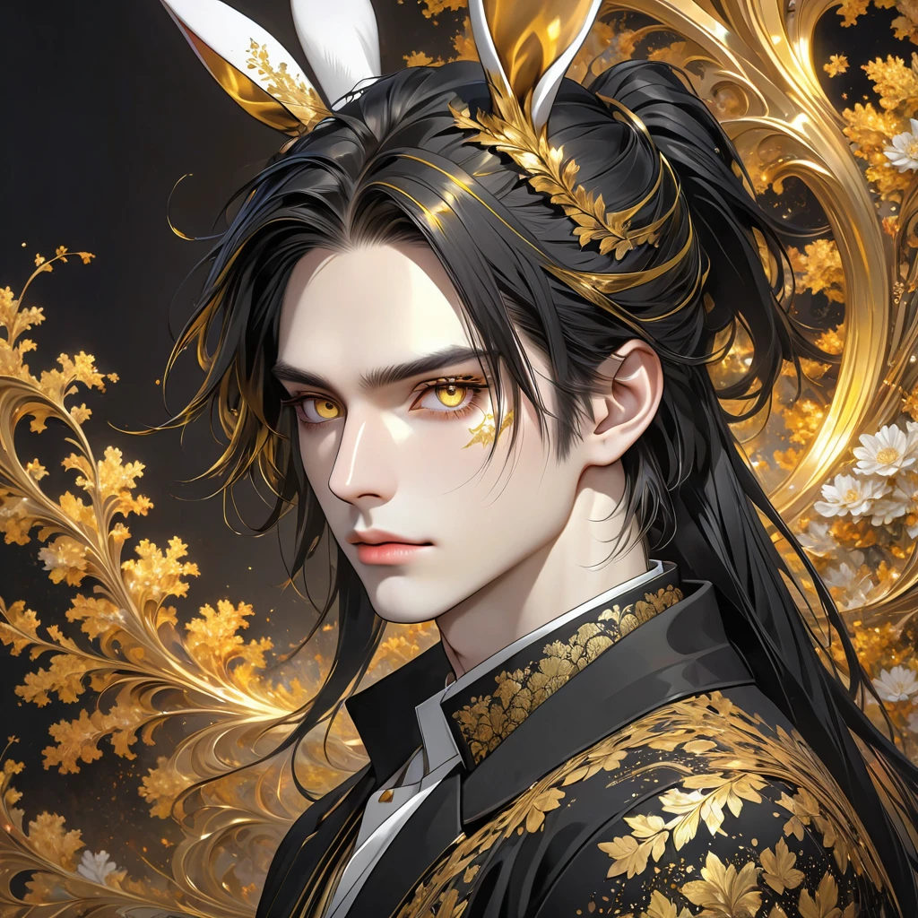 *8k Masterpiece, Top Quality, Best Quality, Official Art, (Beauty and Aesthetics: 1.3), Extremely Detailed, (Fractal Art: 1.3), Pale skin. bunny ears, scar across right eye. tall. slim yet athletic, golden color eyes. long hair. Black hair with streaks of gold. calm. male. black jacket.