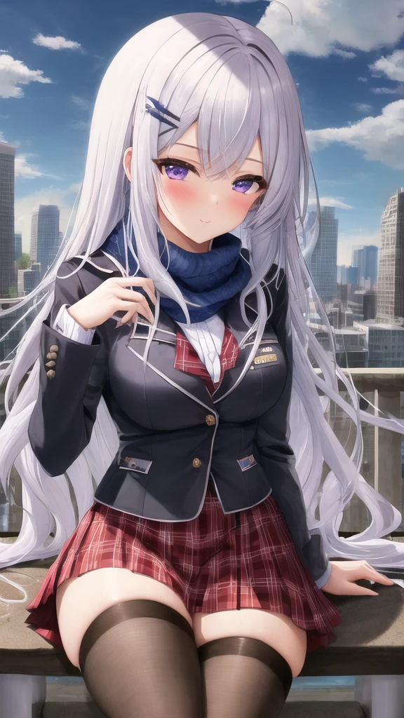 masterpiece, best quality, 1girl, sitting, city, white hair, long hair, purple eyes, buttoned shirt, jacket, scarf, skirt, thigh highs