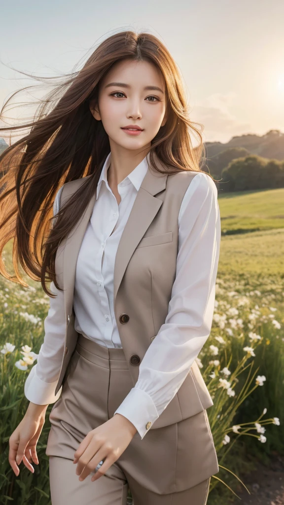 highest quality、genuine、Super detailed、finely、High resolution、8k wallpaper、one beautiful woman、、、light brown disheveled hair、wearing a business suit、sharp focus、perfect dynamic composition、beautiful and detailed eyes、thin hair、Detailed genuine skin texture、smile、model body shape、In a windswept meadow