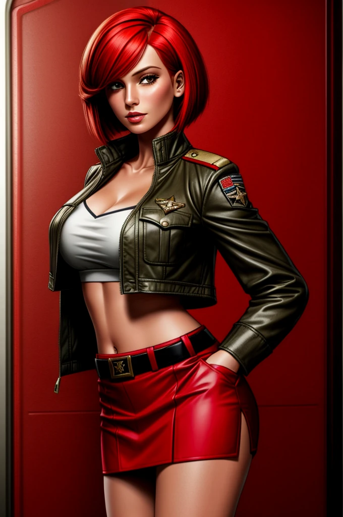 red bob cut, beautiful woman, starship captain, short jacket, cowboy shot, flirty, military bearing, standing, pirate, midriff, short skirt