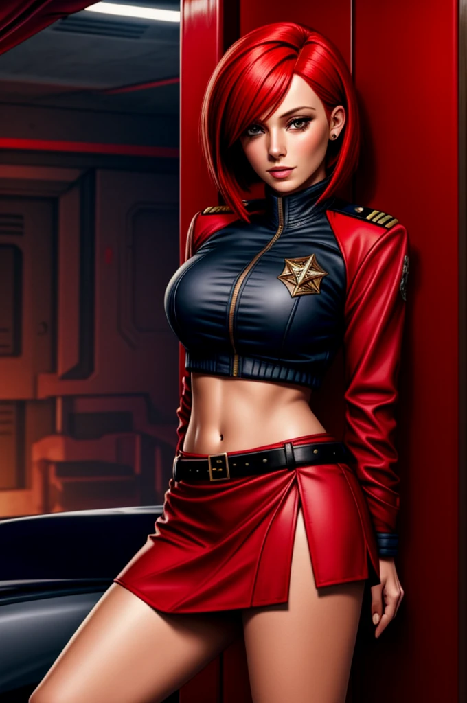 red bob cut, beautiful woman, starship captain, short jacket, cowboy shot, flirty, military bearing, standing, pirate, midriff, short skirt