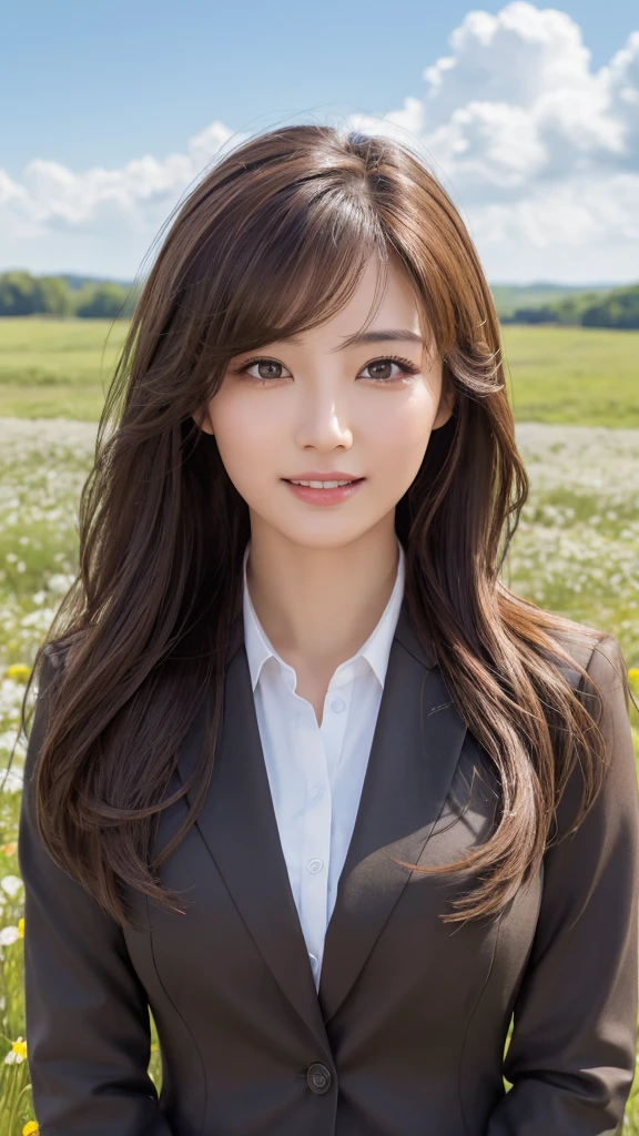 highest quality、genuine、Super detailed、finely、High resolution、8k wallpaper、one beautiful woman、、、light brown disheveled hair、wearing a business suit、sharp focus、perfect dynamic composition、beautiful and detailed eyes、thin hair、Detailed genuine skin texture、smile、model body shape、In a windswept meadow