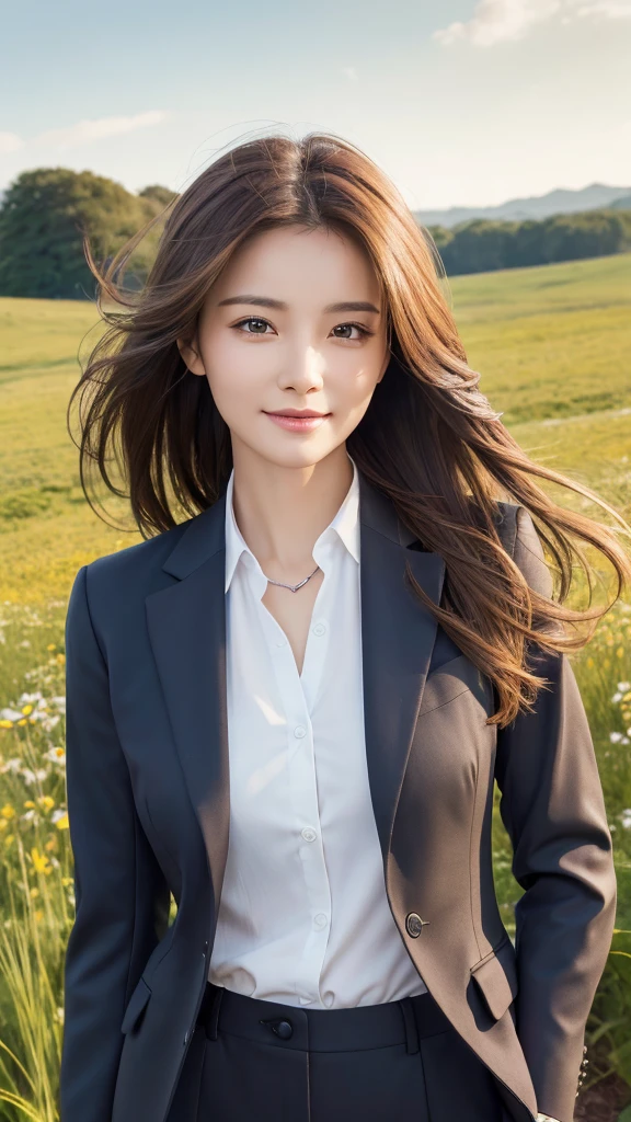 highest quality、genuine、Super detailed、finely、High resolution、8k wallpaper、one beautiful woman、、、light brown disheveled hair、wearing a business suit、sharp focus、perfect dynamic composition、beautiful and detailed eyes、thin hair、Detailed genuine skin texture、smile、model body shape、In a windswept meadow