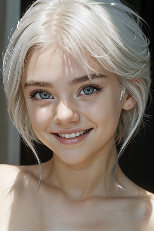 portraits of a young nude girl, white hair, smiling straight to the camera. her big expressive eyes are green and there something like a star shining inside. she have a little layer of black eye liner